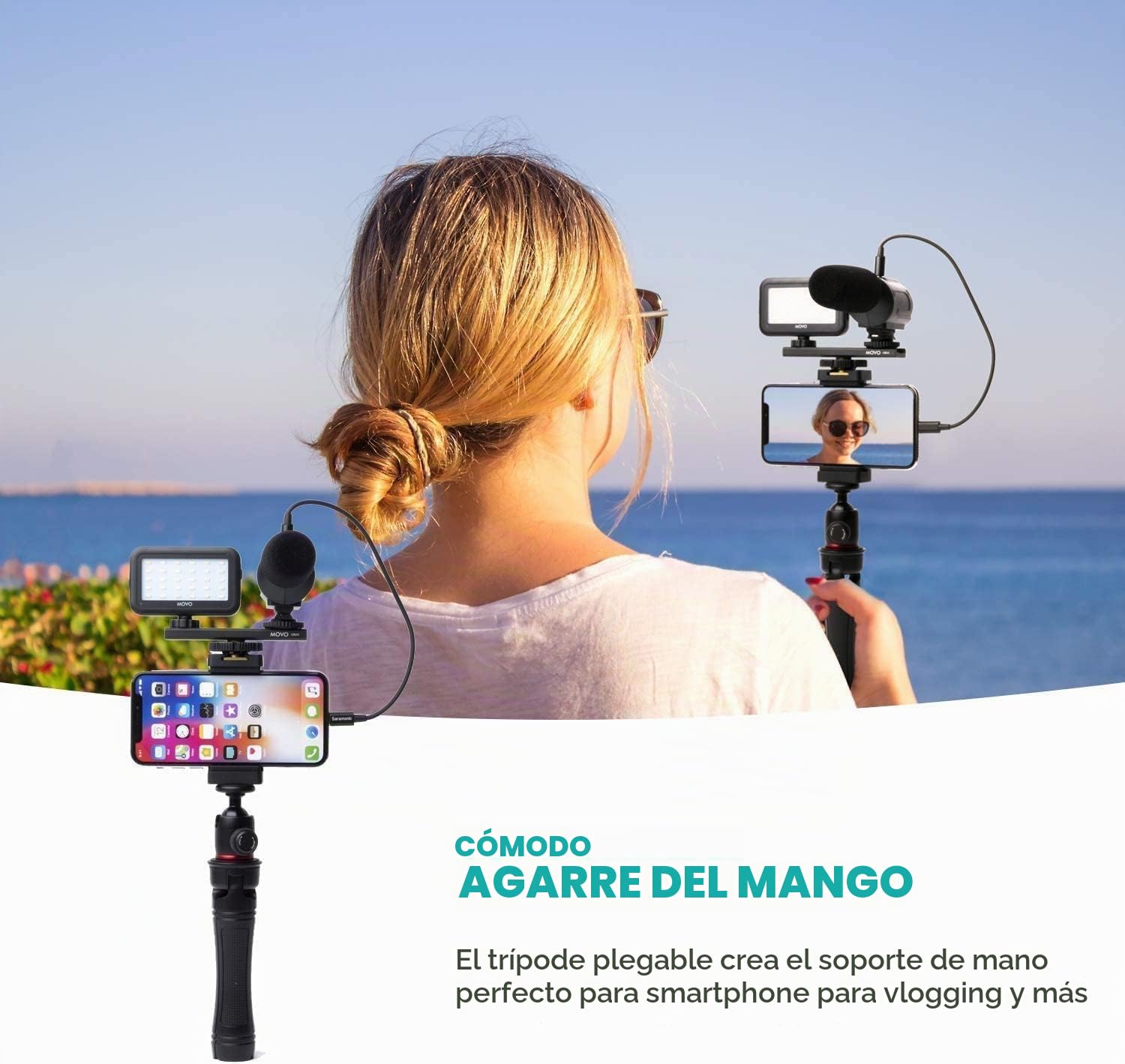 Movo iVlogger - Kit de vlogging Compatible con iPhone/Android con trípode de tamaño Completo - Accesorios del Kit de Video para teléfono: trípodes, Soporte para teléfono, luz LED y micrófono