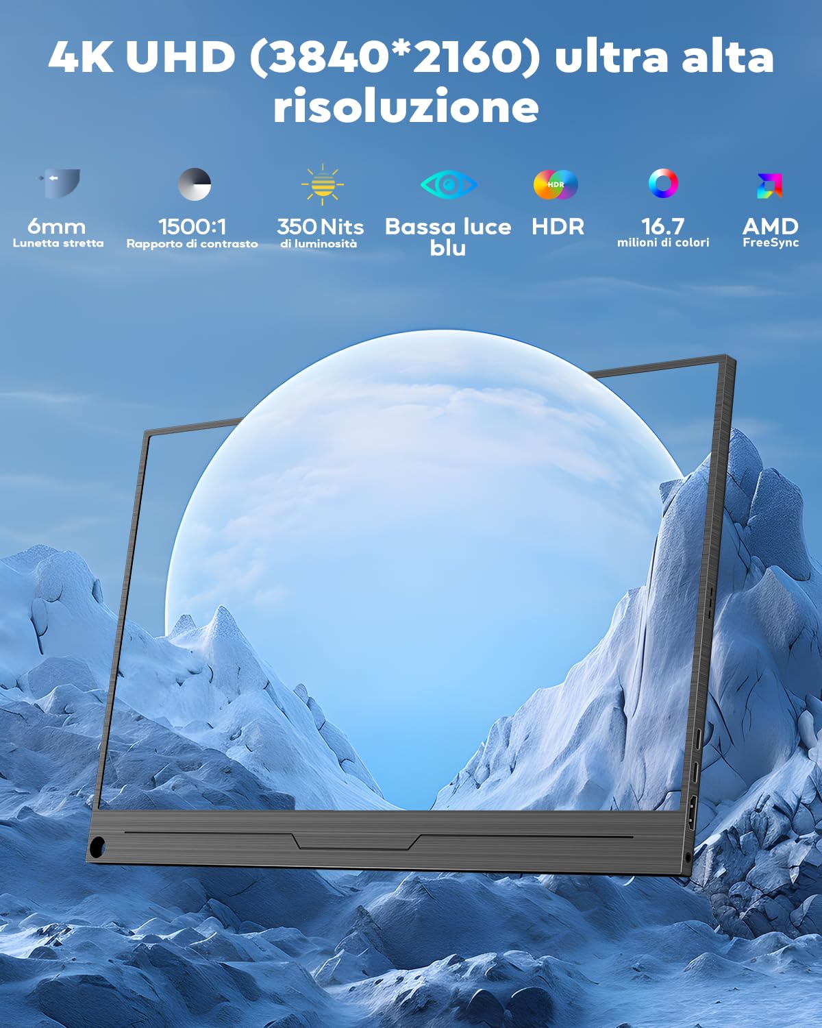 HONGO 4K Monitor Portatile, Schermo Portatile 15,6" 3840x2160 UHD 100% AdobeRGB 1500:1 Contrasto, Portable Monitor per Laptop PC Mac PS4/5/Xbox Phone, HDR Smart Display IPS, Supporto HDMI/Tipo C/USB C