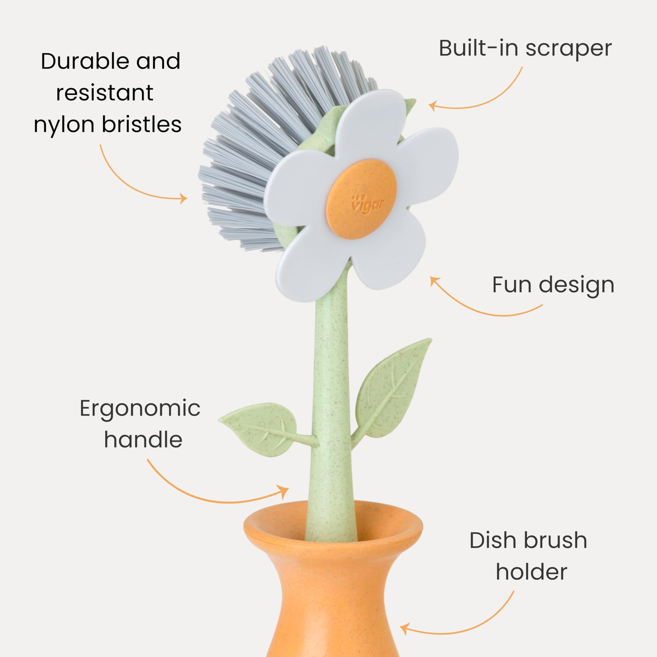 Vigar Floral Dish Brush & Holder - Orange -3