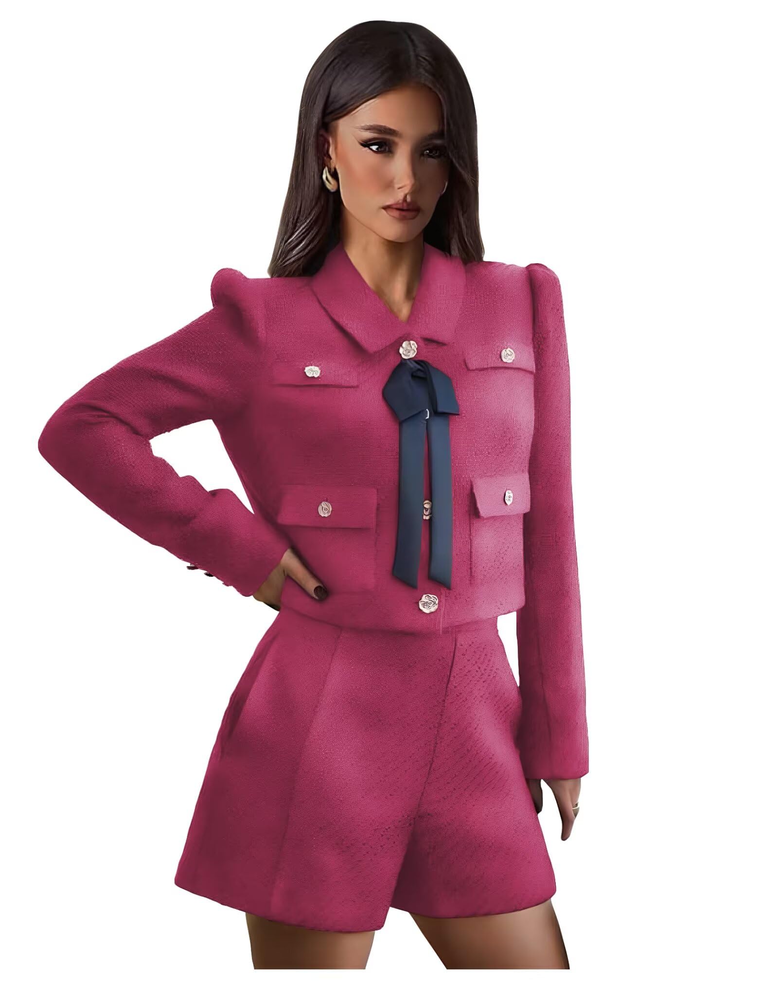 Tweed Womens Shorts Set 2 Piece Set Dressy Casual Womens Suit Long Sleeve Women Blazer Sets