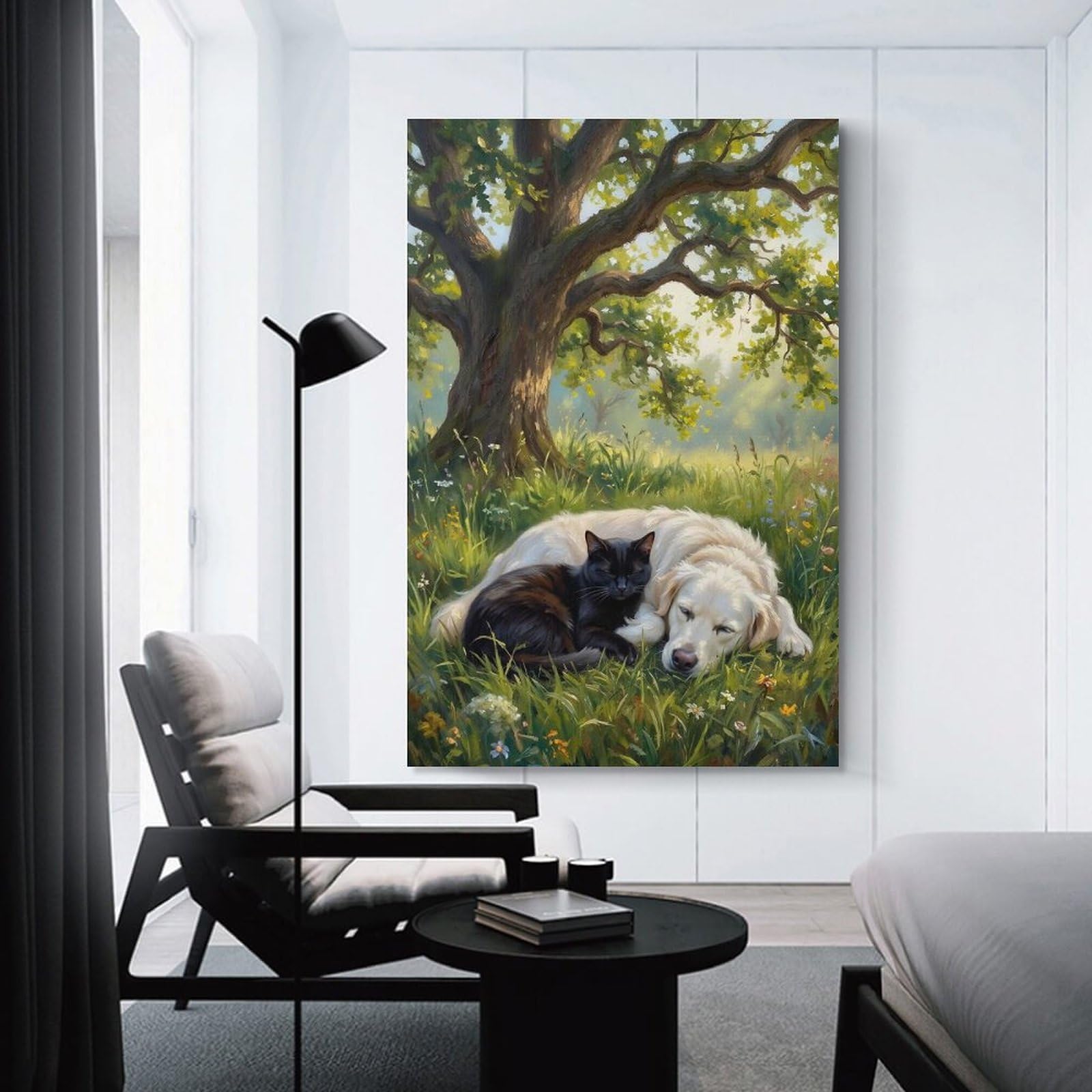 Junmoney Wall Art Print Cat And Dog Sleeping Under Tree, 20x30inch(50x75cm), for Bedrooms, Workspaces And Everyday Interiors, Stylish Home Artwork for Focal Walls