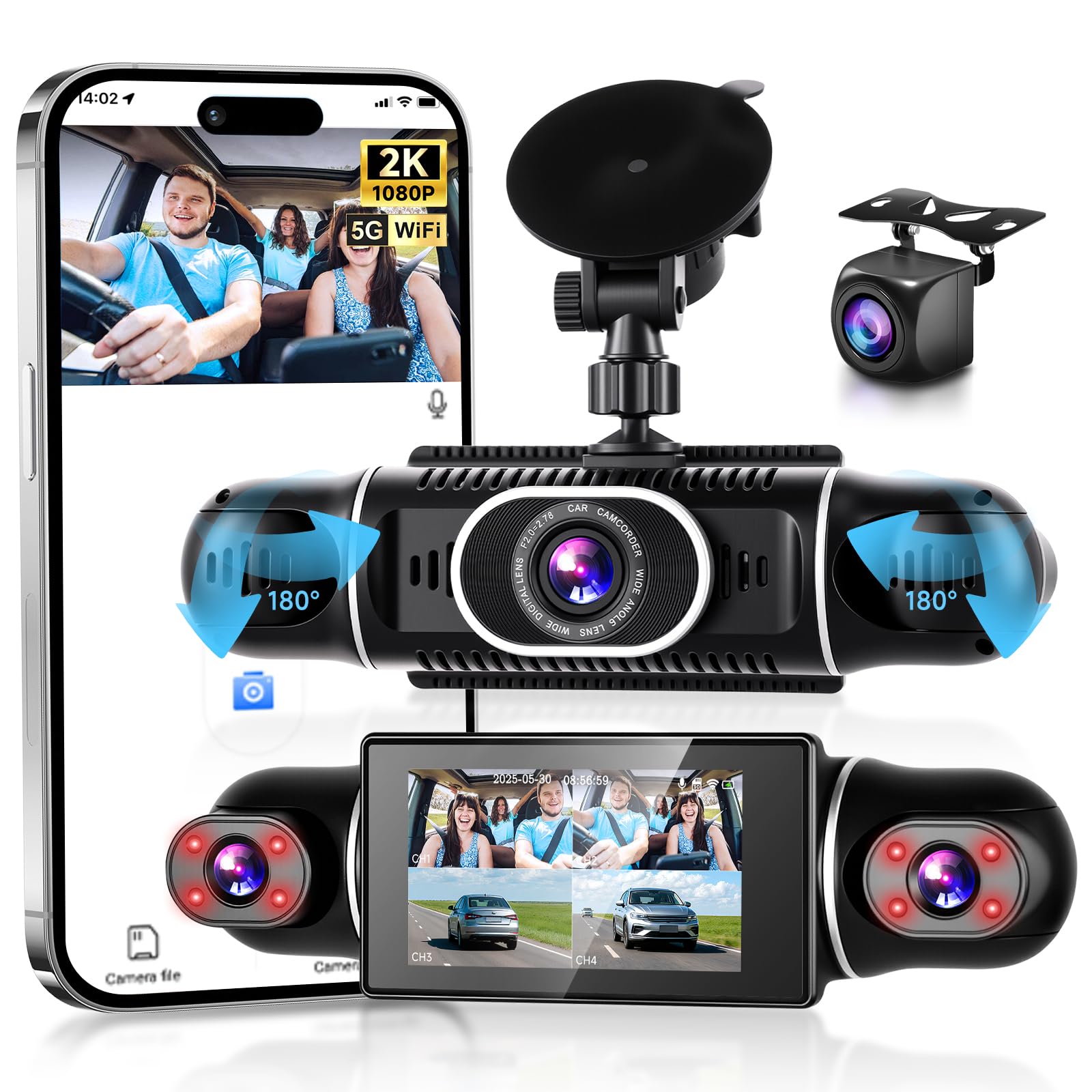 VECHTEL Kamera samochodowa na deskę rozdzielczą 2K z przodu, z Wi-Fi, 4 x kamera samochodowa 1080p z 3-calowym ekranem IPS, monitorowanie parkowania 24h, widoczność w nocy, czujnik G, ochrona 360
