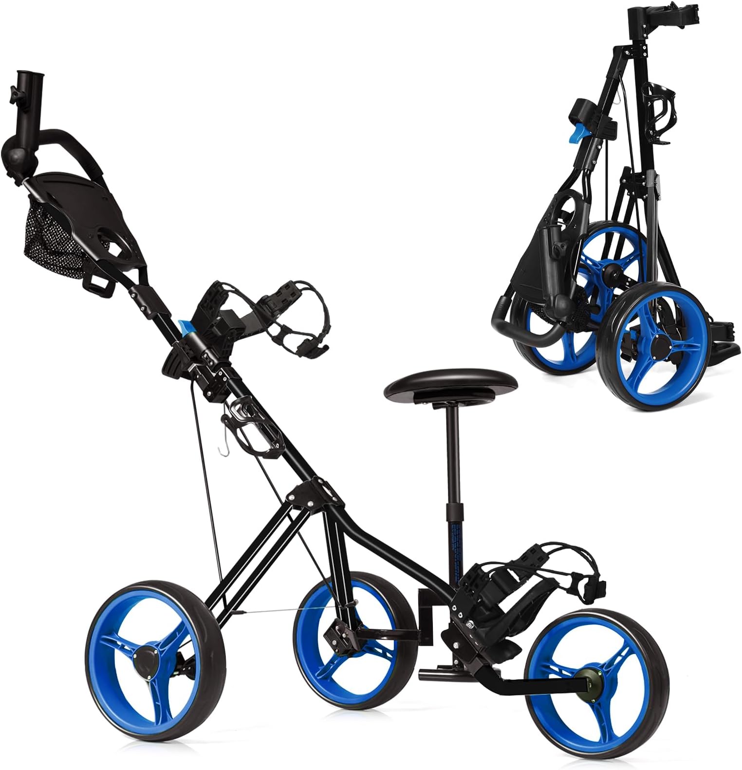 TangkulaGolf Push Pull Cart with Seat, Lightweight Foldable Collapsible 3 Wheels Golf Push Cart, Golf Trolley with Foot Brake, Adjustable Umbrella Holder & Seat, 4 Height Position Handle