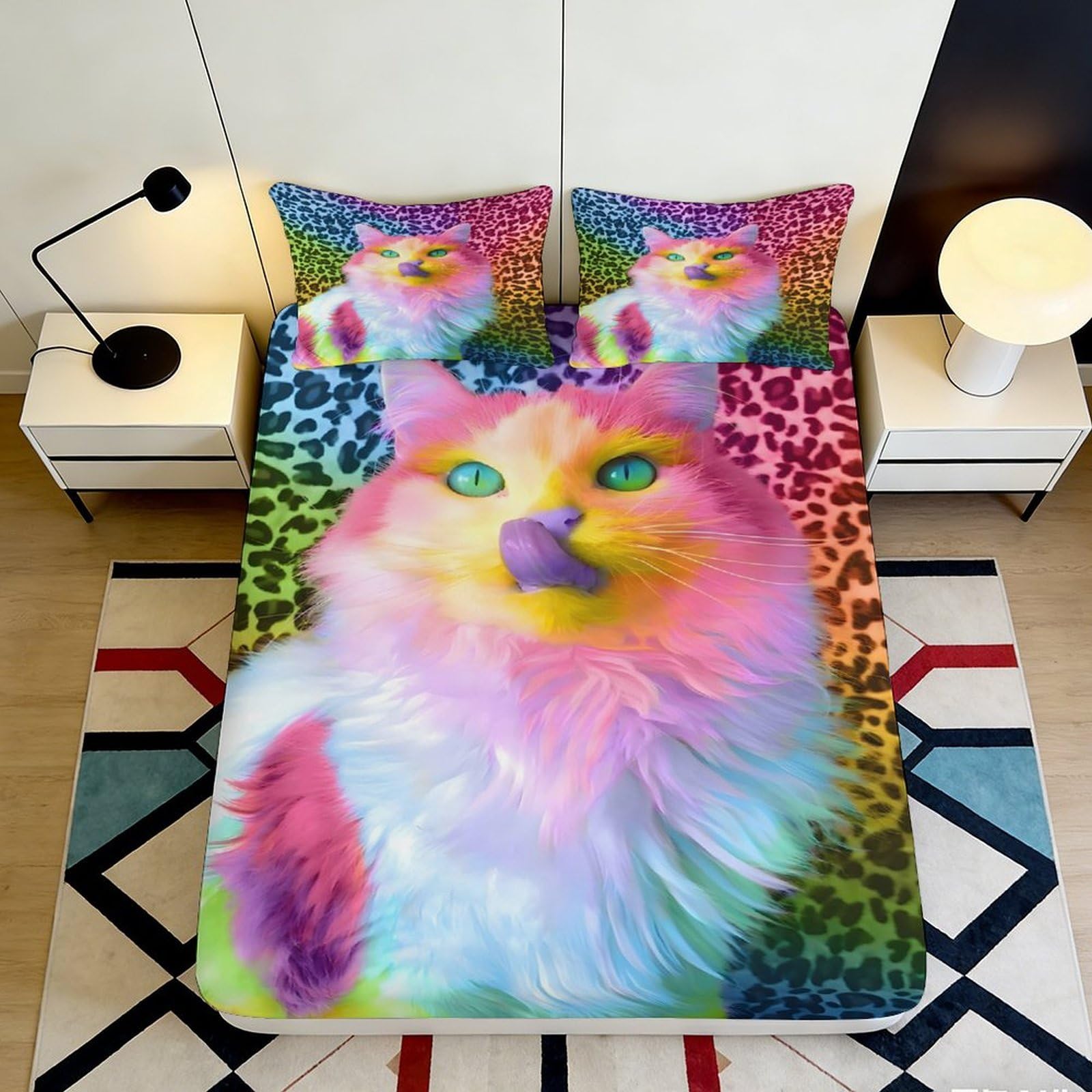 3D Printed Rainbow Cat Fitted Sheet Microfiber Soft Anti-Slip Leopard Pattern Mattress Cover for Bedroom Dorm Decor 200x200x25cm