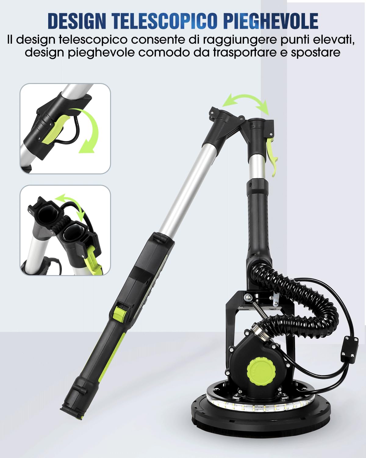 MYTOL Levigatrice per Muro con Aspiratore, 900W Elettrico Giraffa Levigatrice per cartongesso Manico Allungabile Pieghevole, 6 Velocità Variabili Massimo 1800U/min, Luce LED, 12 Carte Abrasive