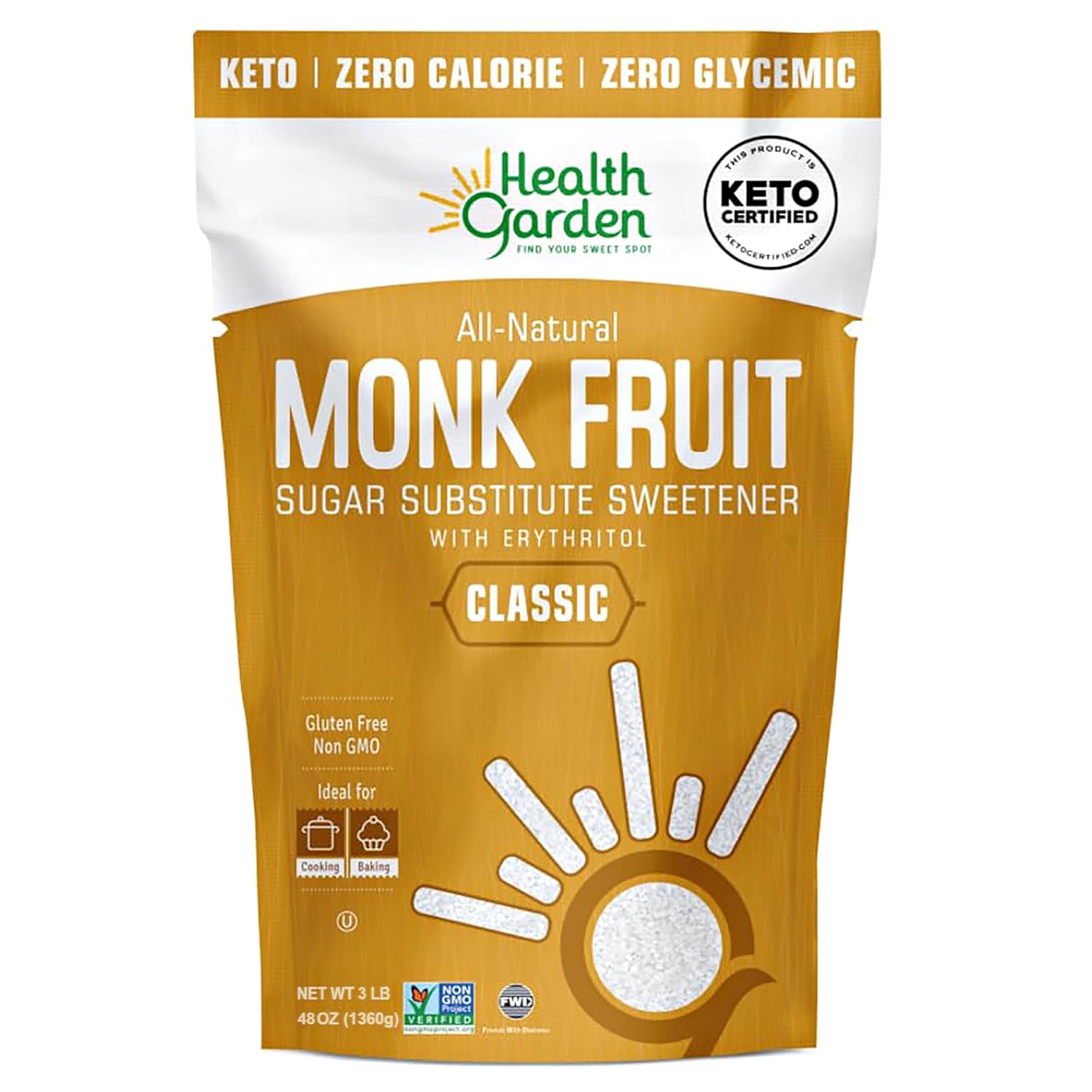 Health Garden Monk Fruit Sweetener, Classic - Non GMO - Gluten Free - Sugar Substitute - Kosher - Keto Friendly (3 lbs) Health Garden Monk Fruit Sweetener, Classic - Non GMO - Gluten Free - Sugar Substitute - Kosher - Keto Friendly (3 lbs)