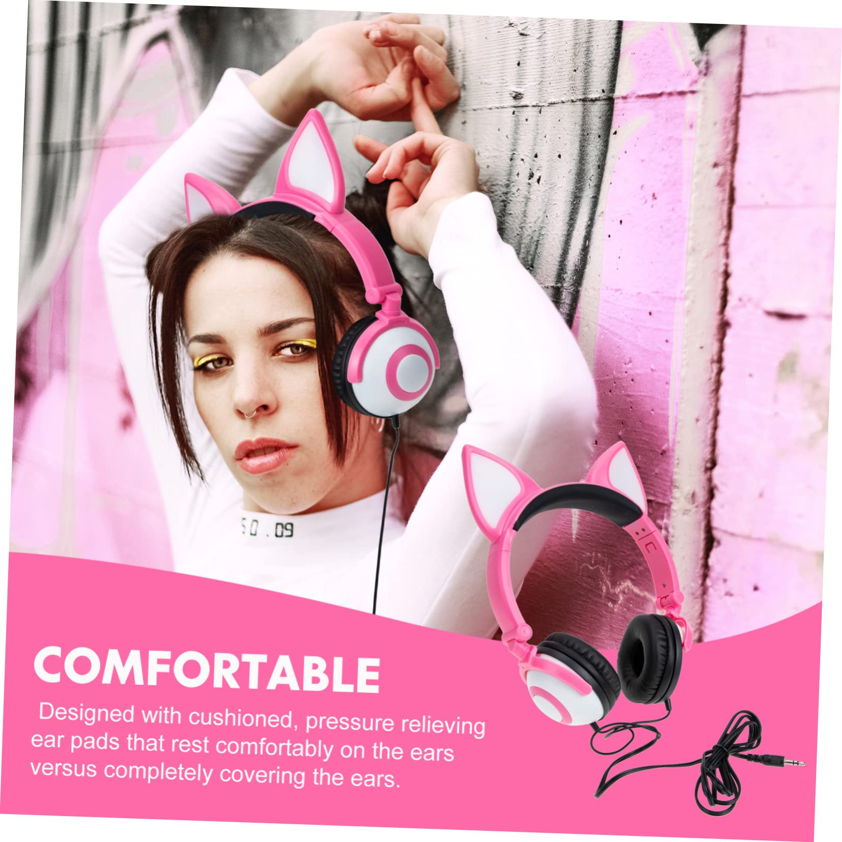 Cuffie per Bambini Orecchie da Gatto Rosa 40mm in Pvc | Luci Ambientali Controllate da Pulsante, Archetto Regolabile, Jack 3, 5mm Dritto, Batteria 180 Mah