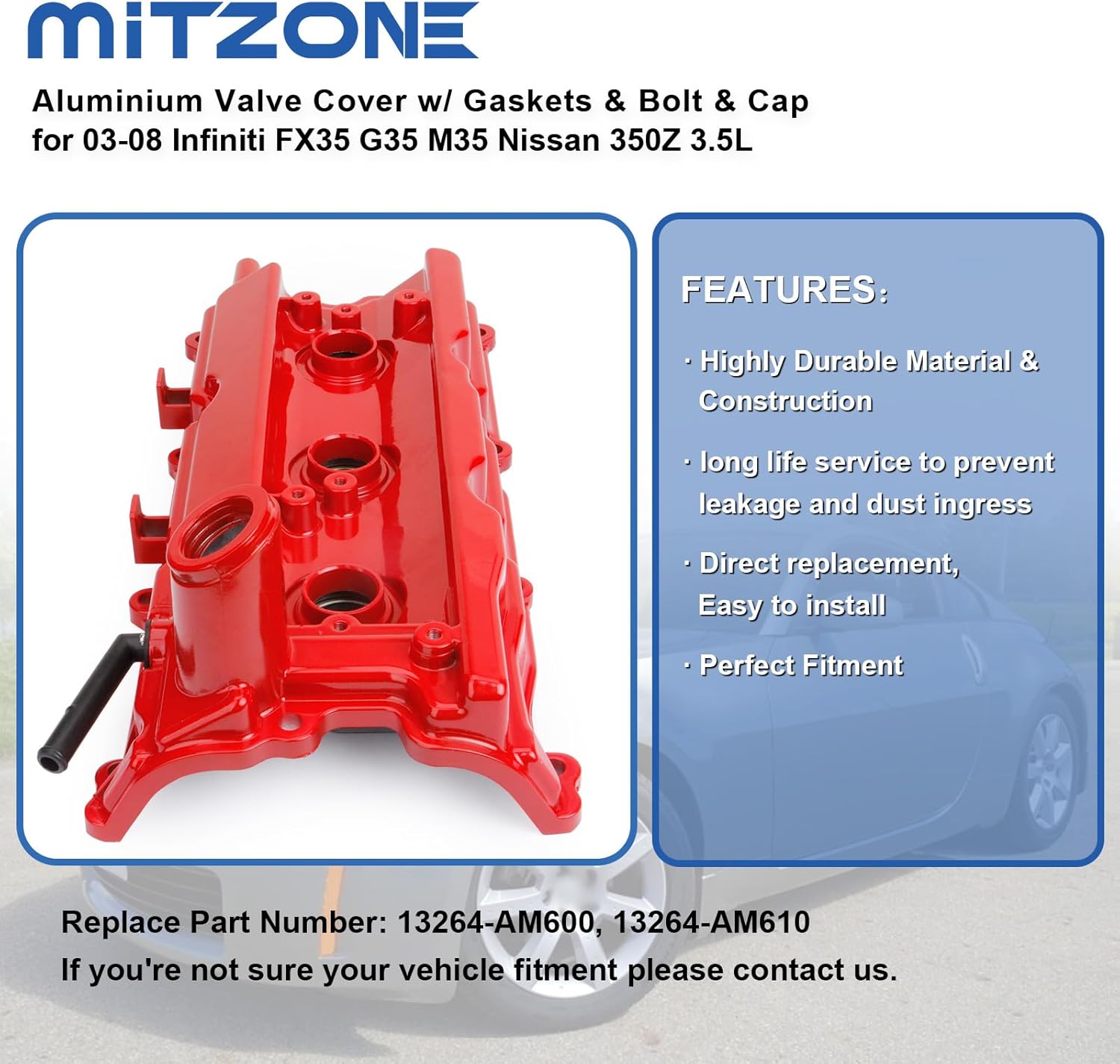MITZONE Upgrade Aluminum Valve Cover Left and Right Compatible with 2003-2008 Nissan 350Z Infiniti FX35 G35 M35 VQ35DE 3.5L Part # 13264AM600 13264AM610