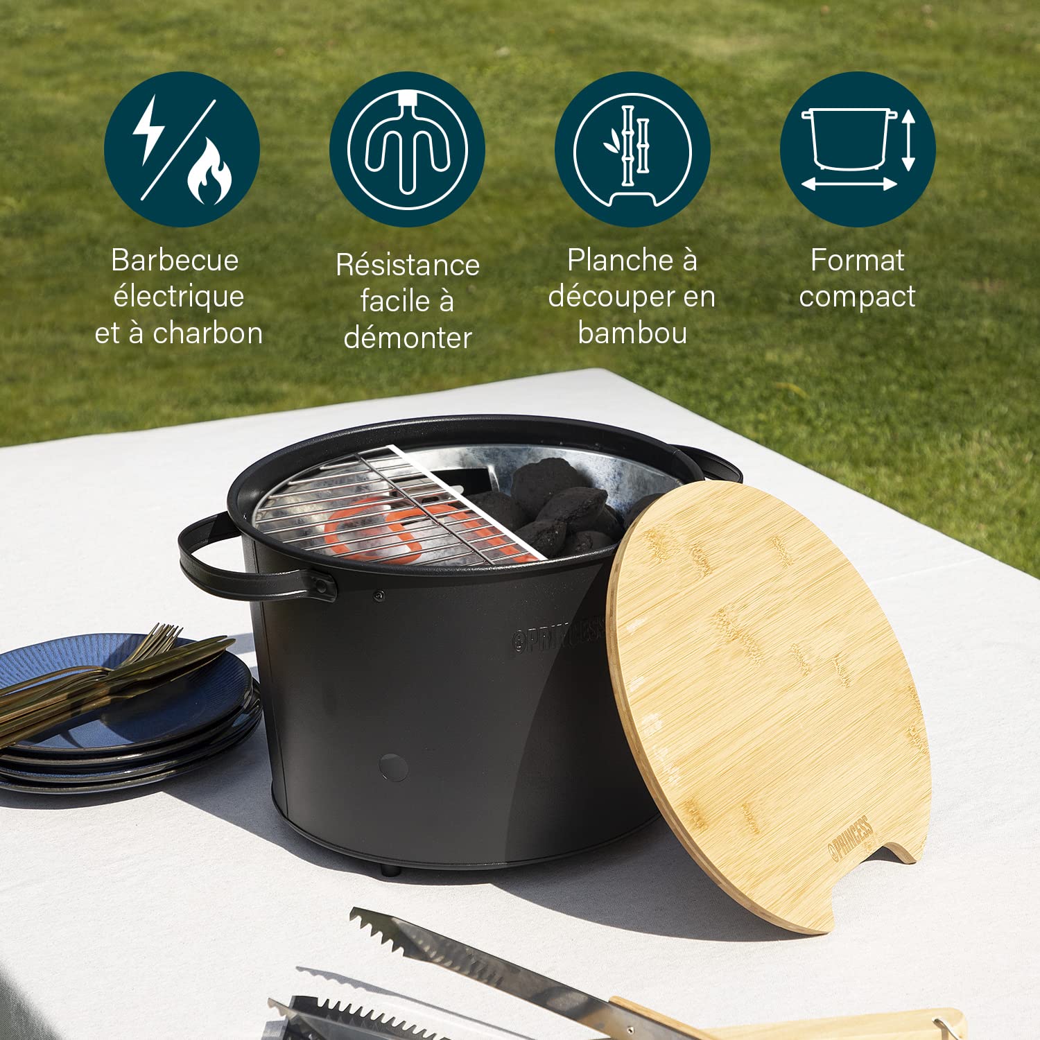 Barbecue Princess - À charbon de bois ou électrique - Portable & Polyvalent - Surface de cuisson Ø 32 cm - 1 400 W