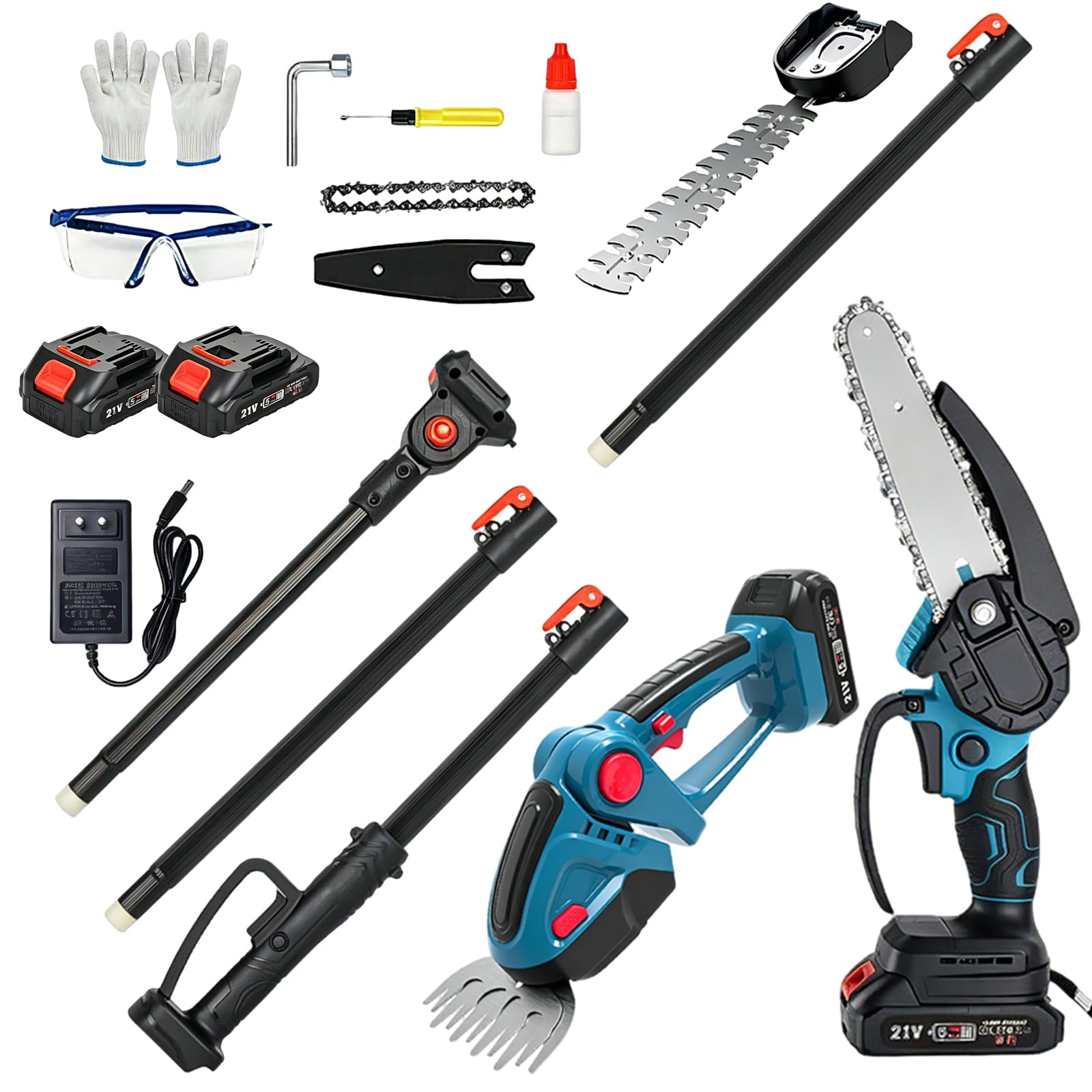 Mini Motosierra y Cortasetos a Batería 2 en 1, Motosierra Electrica Inalámbrica con 2 Baterías, Máximo de Hasta 4,2 m, Sierra de Poda Telescópica Eléctrica para Podar Arboles Patio de Jardín árboles