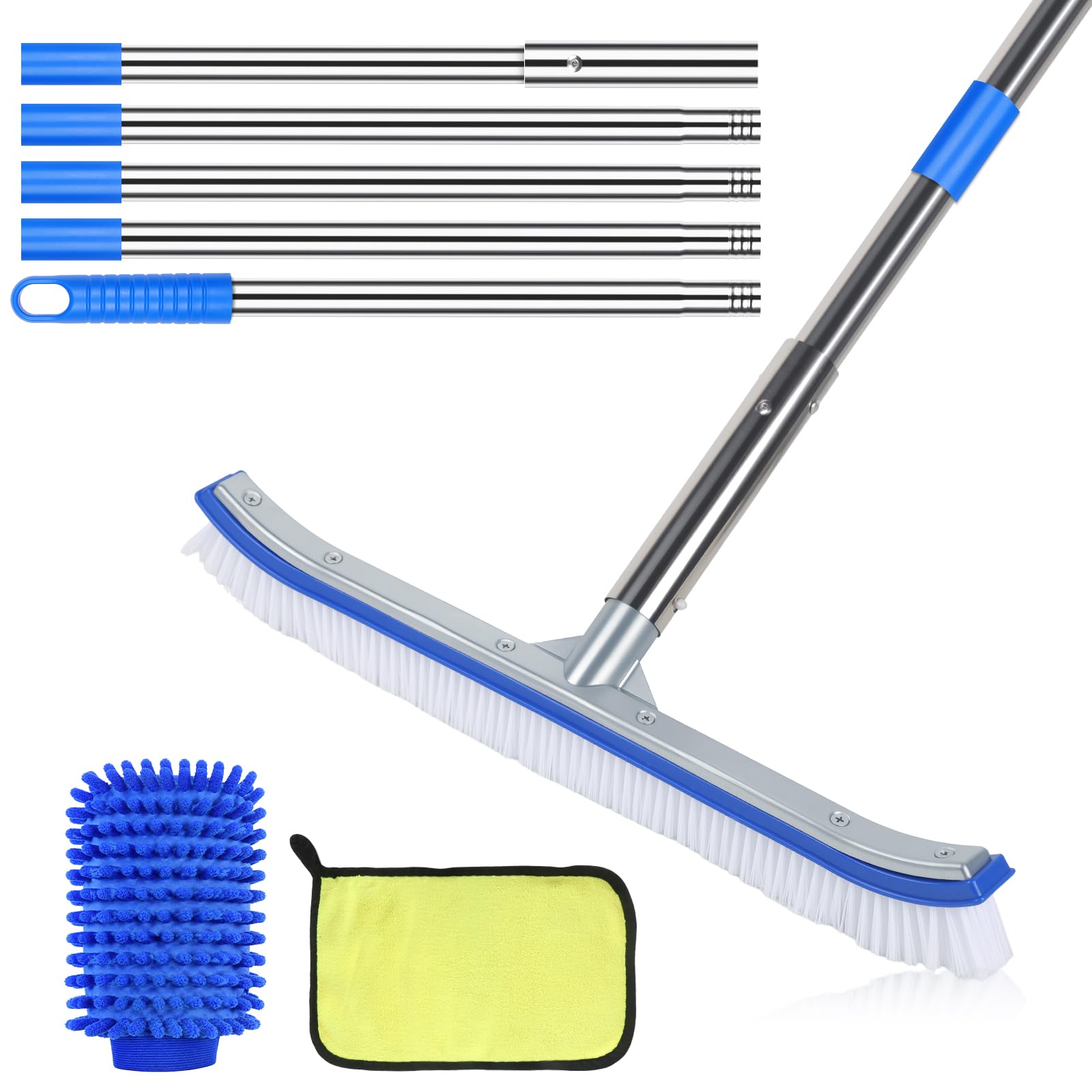 Brosse de piscine avec manche de 218,4 cm de long, brosse de nettoyage incurvée de 43,2 cm de large avec manche en acier inoxydable à 5 sections, gant de nettoyage et chiffon, accessoires de nettoyage
