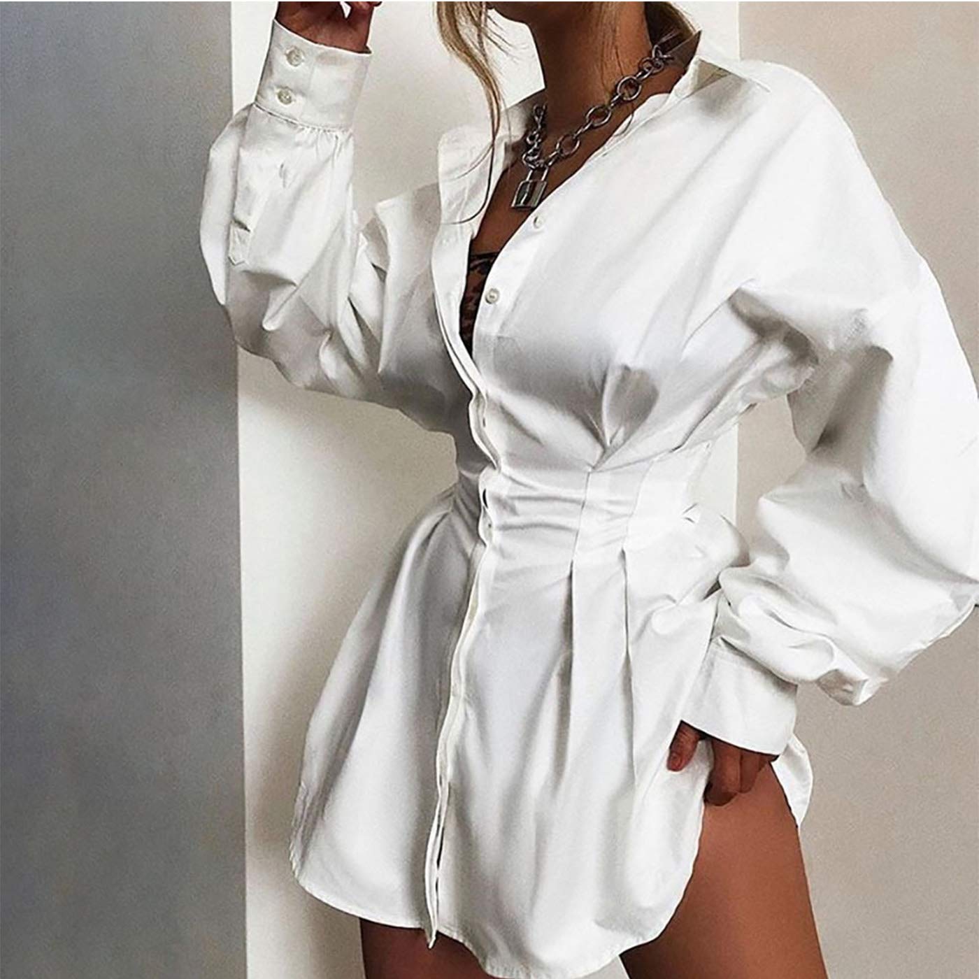 Sexy Mini Shirt Dress for Women - Casual Button Down Blouse Long Sleeve V Neck Belted Shirts Blouse Top Short Dress