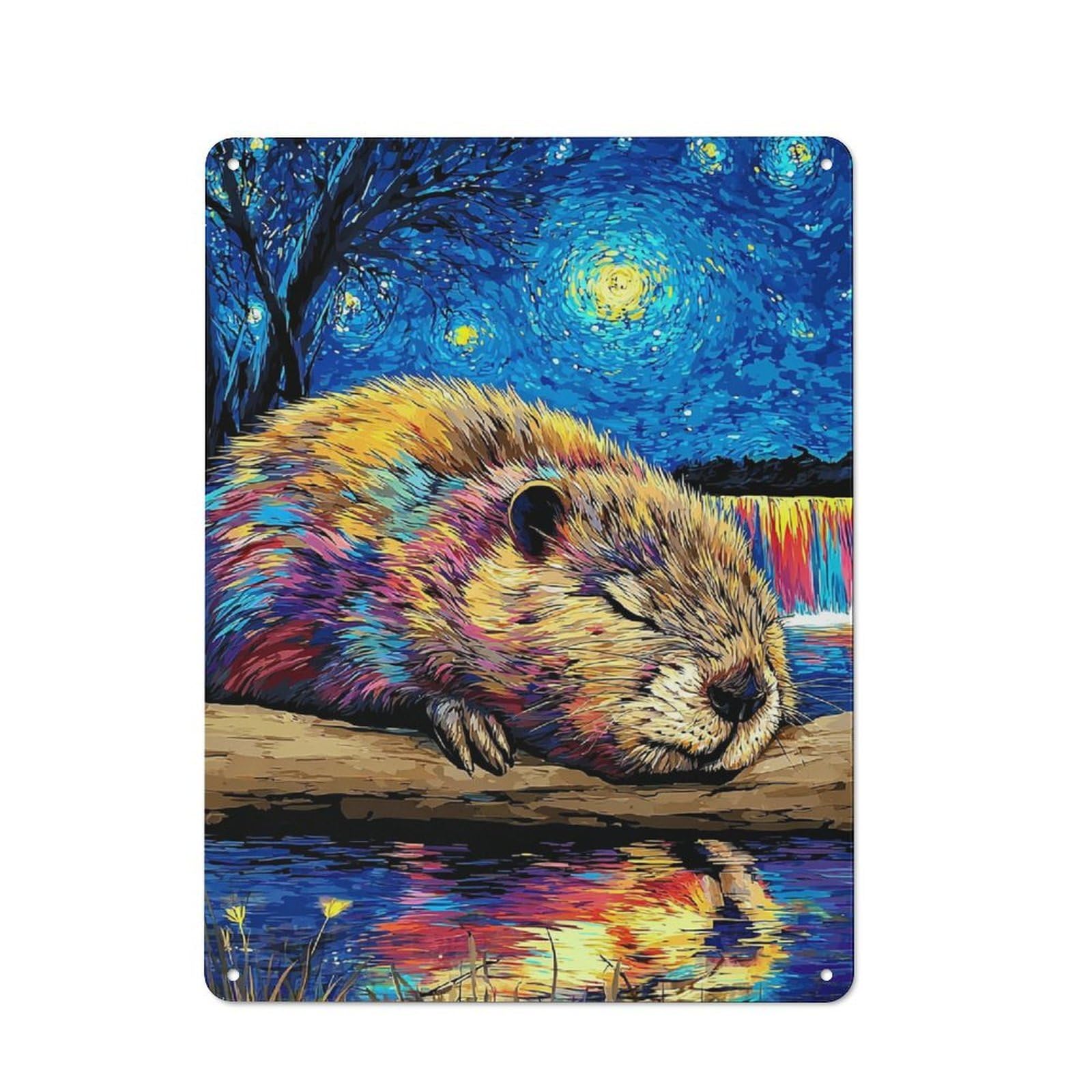 Metal Wall Sign with Beaver Dreams in Starry Waters Design 40x30cm, Loft Style Studio Wall Art for Flat, Bar, Studio Or Gallery Wall