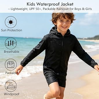 Kids Waterproof Jacket – Lightweight Packable Raincoat for Boys & Girls, UPF 50+ Sun Protection with Carry Pouch – Ideal for Hiking, Camping & School
