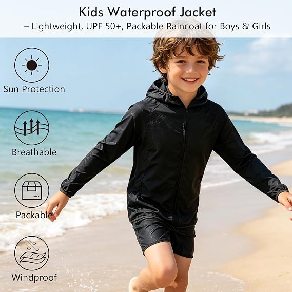 Kids Waterproof Jacket – Lightweight Packable Raincoat for Boys & Girls, UPF 50+ Sun Protection with Carry Pouch – Ideal for Hiking, Camping & School