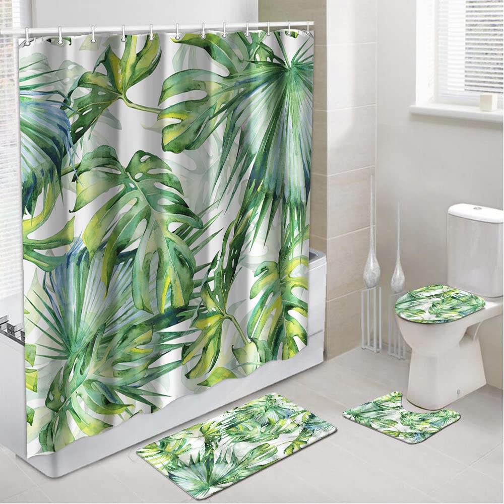 Juego De Cortinas De Ducha Con Gancho De 72 X 72 Pulgadas, Hojas De Plantas Tropicales De Playa De Verano, Tela Lavable, Tela De Poliéster + Cortina, Cortinas De Baño Impermeables