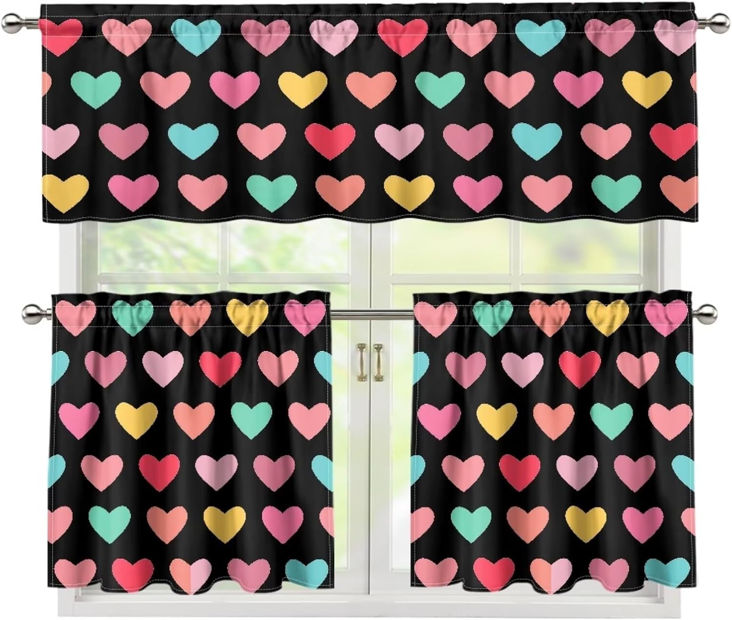 Jeiento Valentine's Day Kitchen Curtain Valance and 24" Tiers Set of 3 Soft Color Heart Cafe Curtains with Rod Pocket Blackout Drape Window Set for Home Window Decorations
