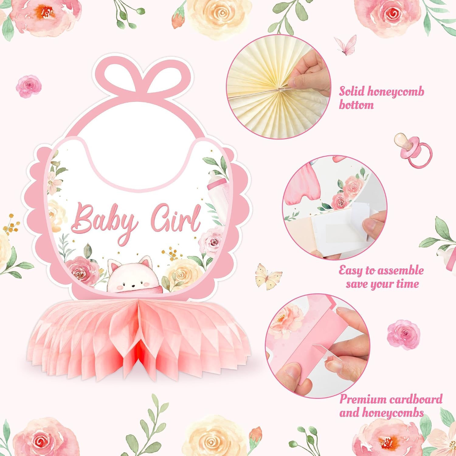 ANGOLIO 12Pcs Floral Sweet Baby Shower Party Honeycomb Centerpieces Sweet Baby Is On Her Way Baby Girl Party Table Decoration Pink Floral Girl Decor for Baptism Gender Reveal Summer Birthday Supplies