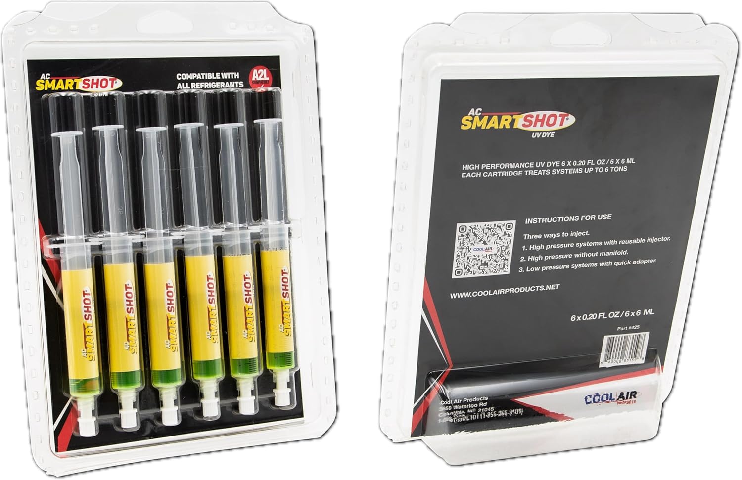 AC SmartShot UV Dye Leak Detector | 6 x 6ml Cartridges | Each Treats A/C & Refrigeration Systems Up to 6 Tons | Safe, Non-Clogging | Works with All Oils & Refrigerants (A2L Compatible)