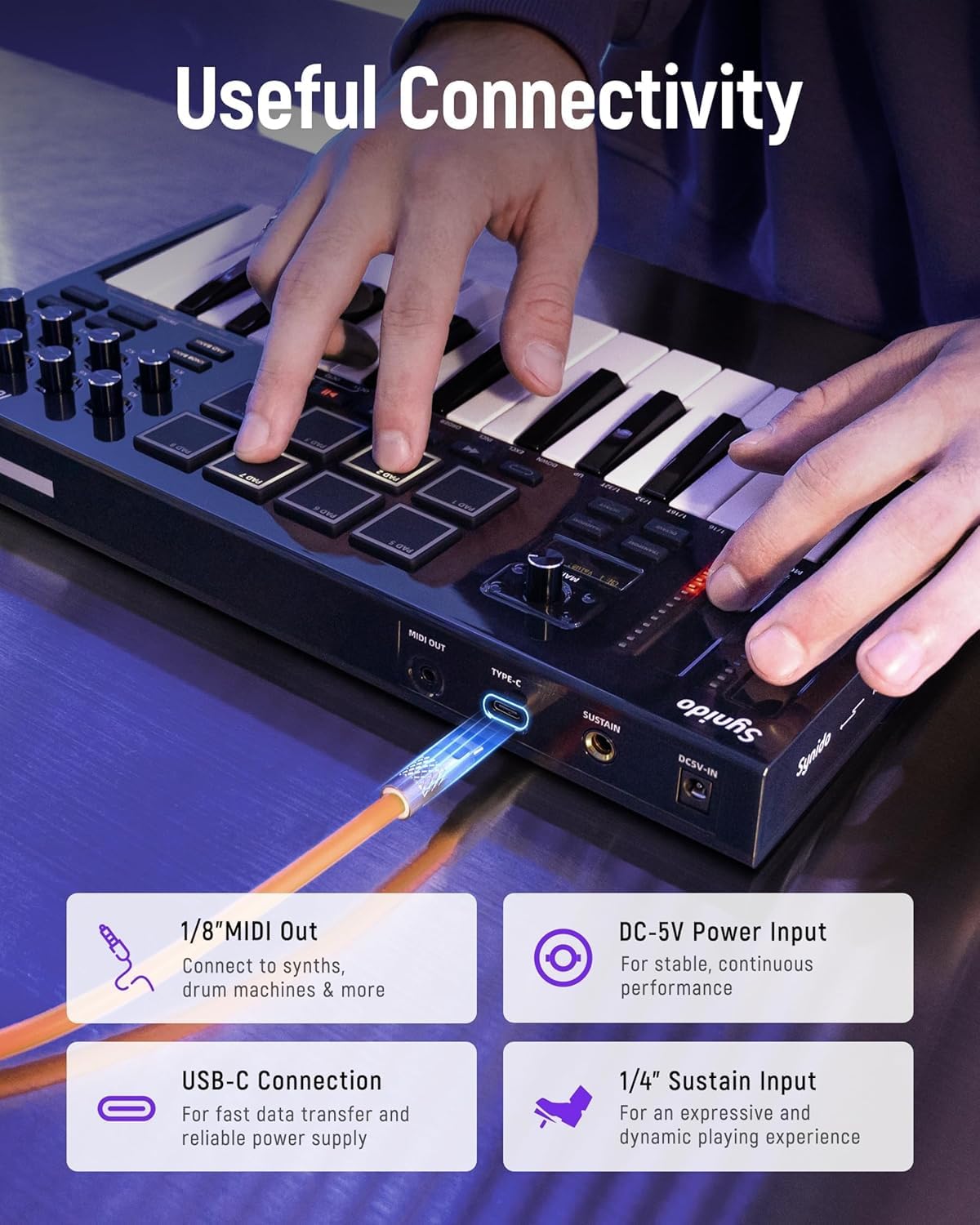Synido 25 Tasten USB MIDI Keyboard Controller mit 8 Drum Pads, Professionelle Mini Midi Keyboard mit OLED Bildschirm, Beat Maker Maschine für Musikproduktion, Schwarz, TempoKey K25