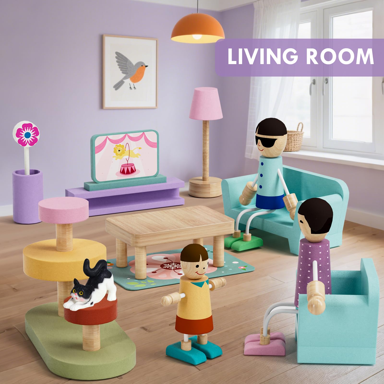 Juego de muebles de casa de muñecas de madera, 39 piezas con 5 habitaciones, muñecas familiares y mascotas, accesorios y muebles de casa de muñecas de madera, accesorios de casa de 3