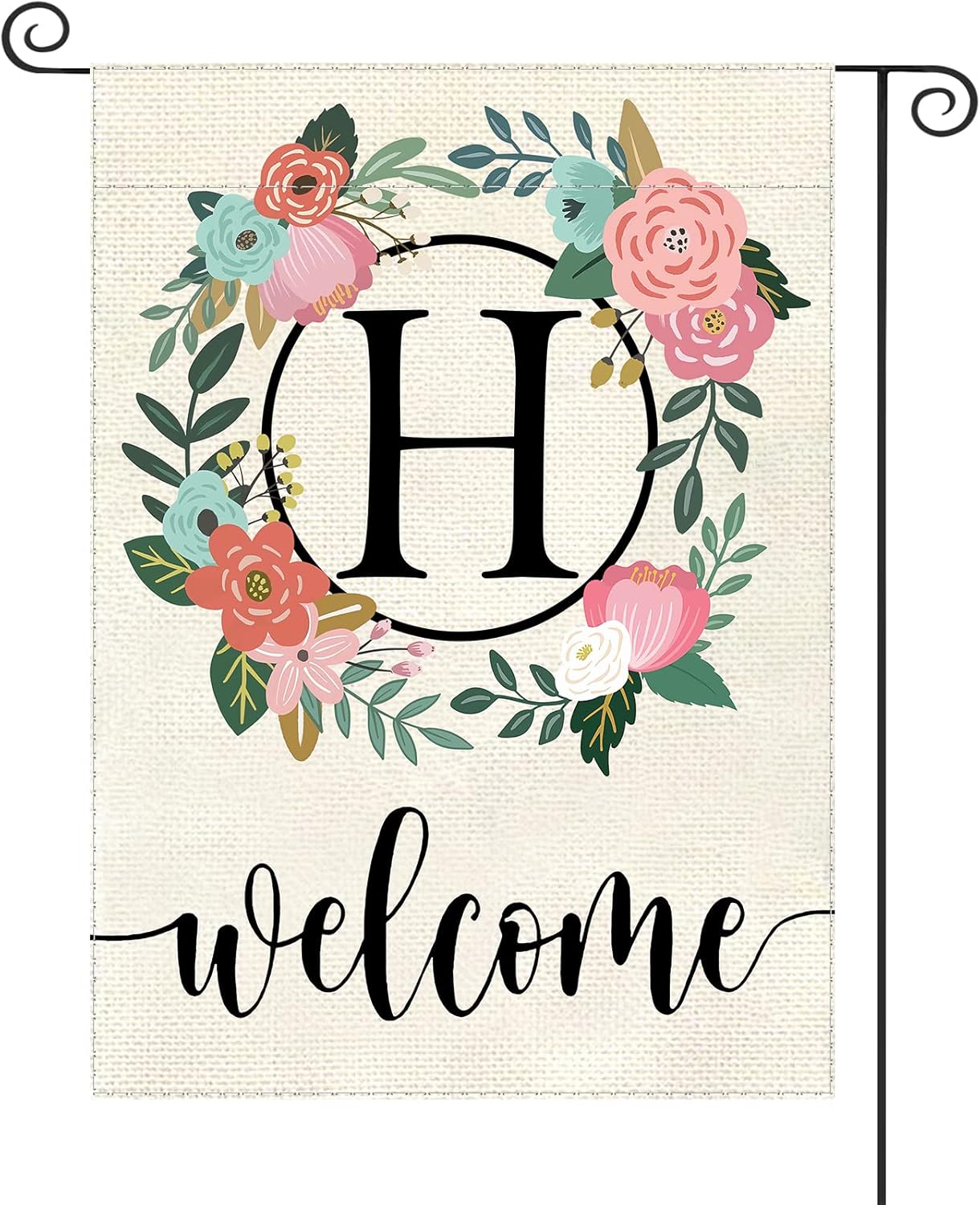 Monogram Letter Garden Flag Floral 12x18 Inch Double Sided for Outside Small Burlap Family Last Name Initial Yard Flag (H)