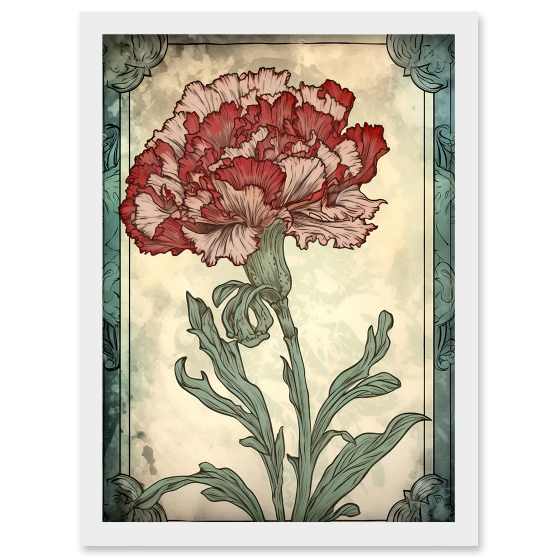 Artery8 Red Carnation Flower Bloom Watercolour Art Nouveau Artwork Framed Wall Art Print A4