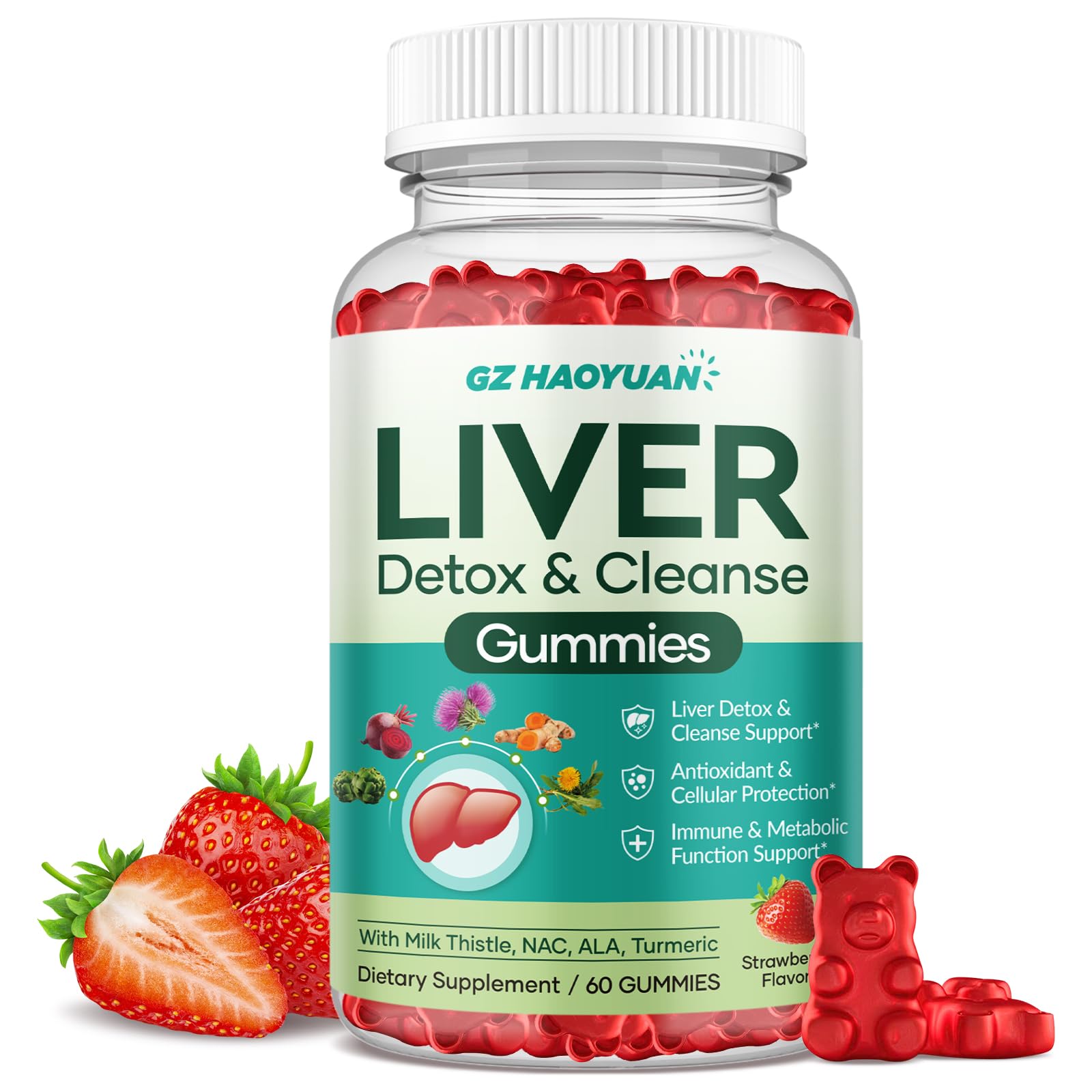 Liver Cleanse Detox & Repair Gummies, Milk Thistle Supplement with NAC, Alpha Lipoic Acid, Dandelion Root, Artichoke Leaf for Liver Detox Support, Antioxidant, Immune Support, Strawberry Flavor 60ct Strawberry 60 Count (Pack of 1)