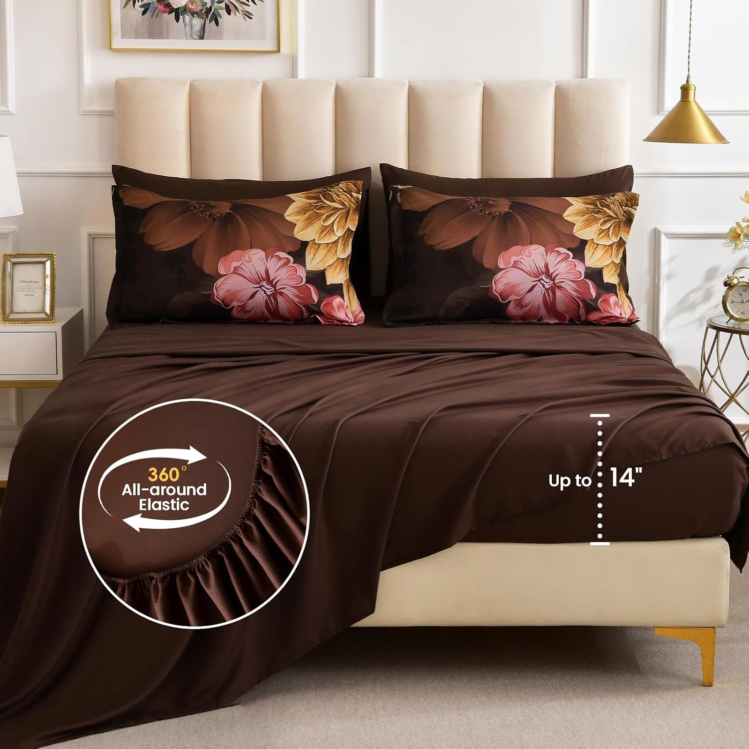 WONGS BEDDING 7 Pieces Comforter Set Queen Size, Floral Botanical Bed in a Bag Brown Flower Bedding Set, Soft Microfiber for All Season with Pillowcases & Shams,Sheets(90"×90")