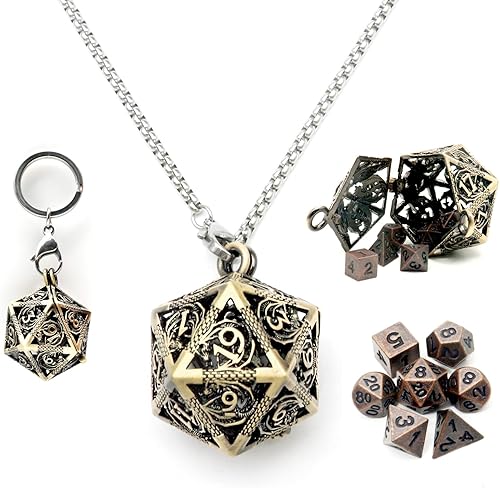 Haxtec Mini juego de dados DND de metal con collar hueco, estuche de dados de metal pequeño antiguo, juego de dados de metal pequeño y antiguo