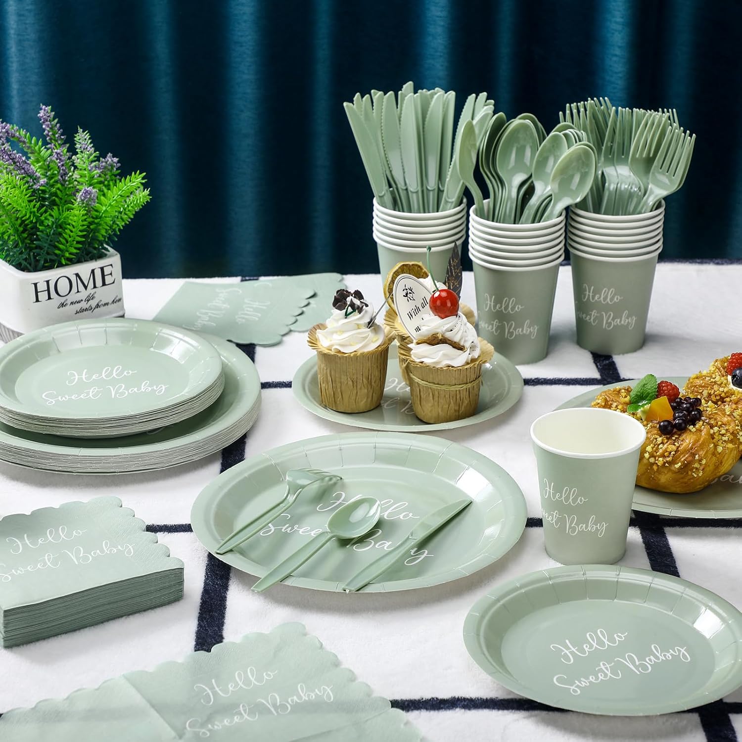 Domensi 194 Pcs Hello Sweet Sage Green Baby Shower Party Supplies Include 48 Disposable Paper Plates 24 Paper Cups 9 oz 24 Set Forks Knives Spoons 50 Sage Green Napkin, Serves 24