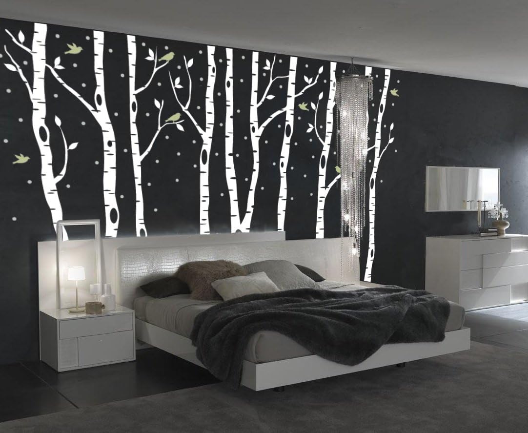 Birch Tree Wall Decal Forest with Snow Birds and Deer Vinyl Sticker Removable (9 Trees) #1161 (White Trees - Dark Gray Animals, 108 (9ft) Tall)