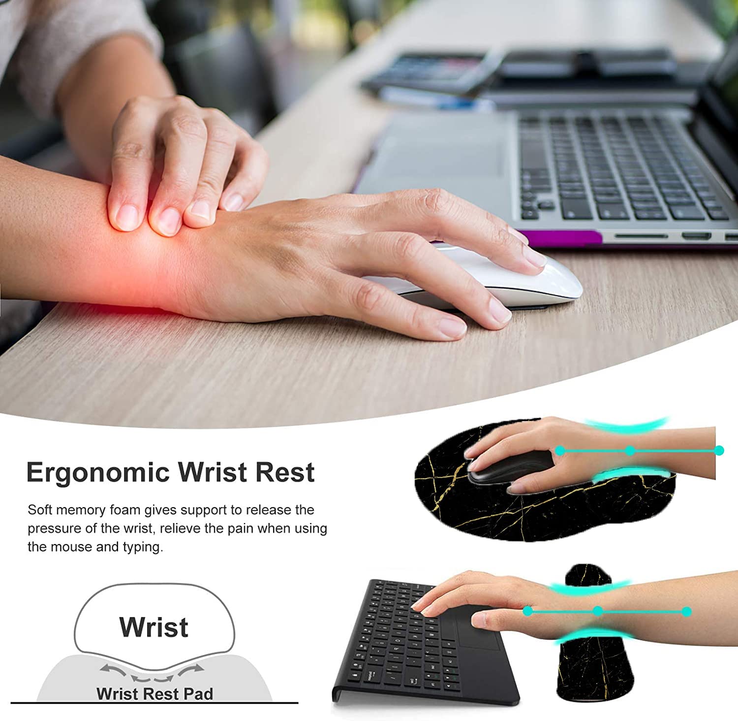 Keyboard Wrist Rest and Mouse Pad, Ergonomic Memory Foam Mouse Pad Wrist Support, Non-Slip & Pain Relief Mouse Pad and Keyboard Wrist Support, Comfortable Mousepad with Wrist Rest for Game, Office