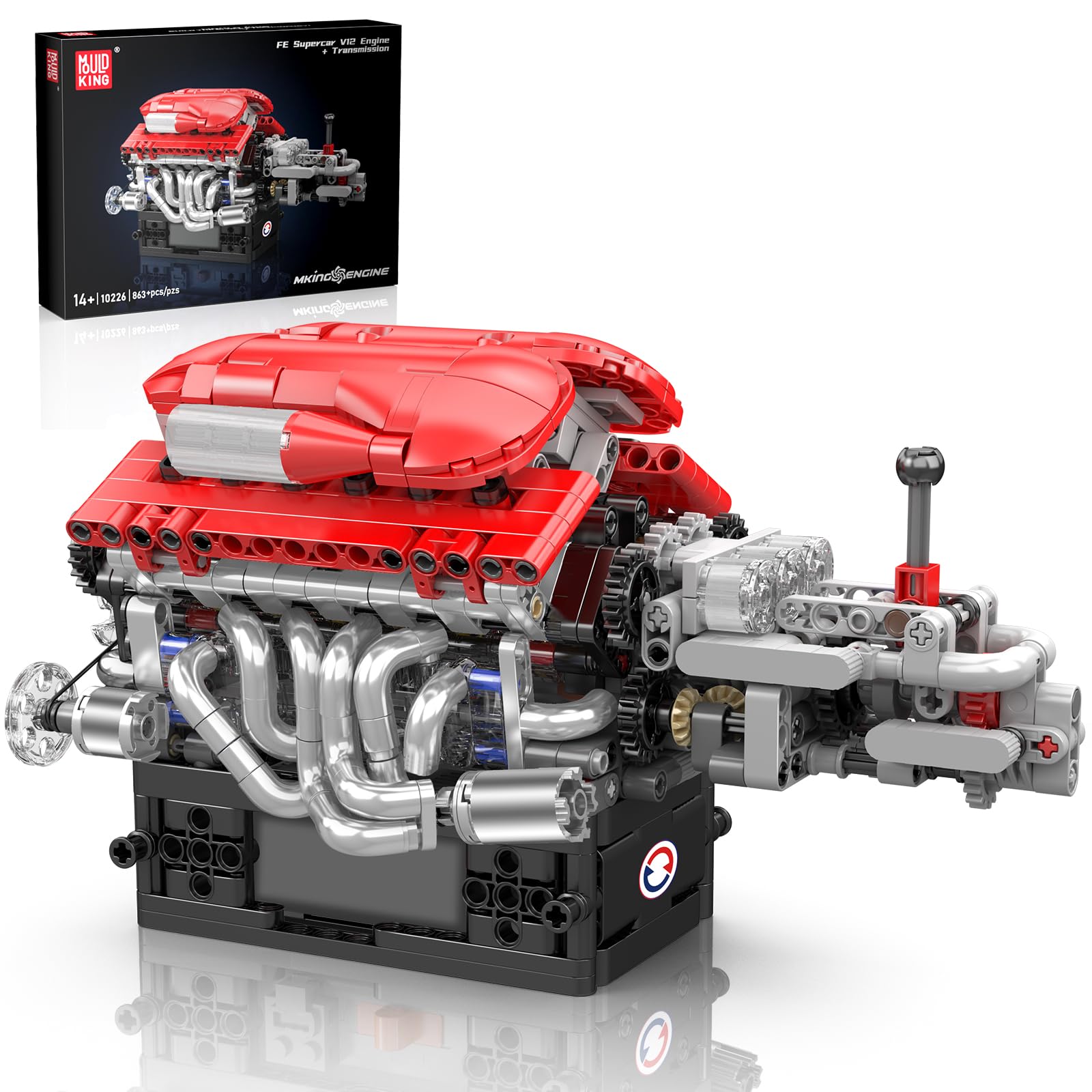 Mould King 10226 Technik V12 Motor Bausatz Bausteine FE Auto Motorbausatz Klemmbausteine Simulation Motor mit Übertragung Engine Kit für Erwachsene(863 Teile)