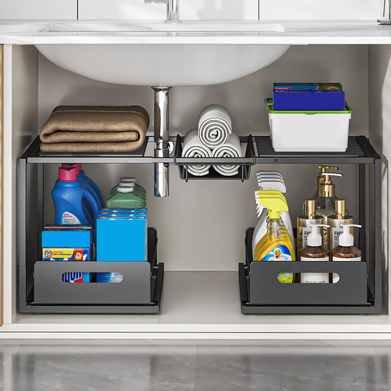 Organizer per mobiletto sottolavello a 2 ripiani, lunghezza regolabile, 65-73 cm, estensibile con 2 cassetti, in metallo, per cucina e bagno