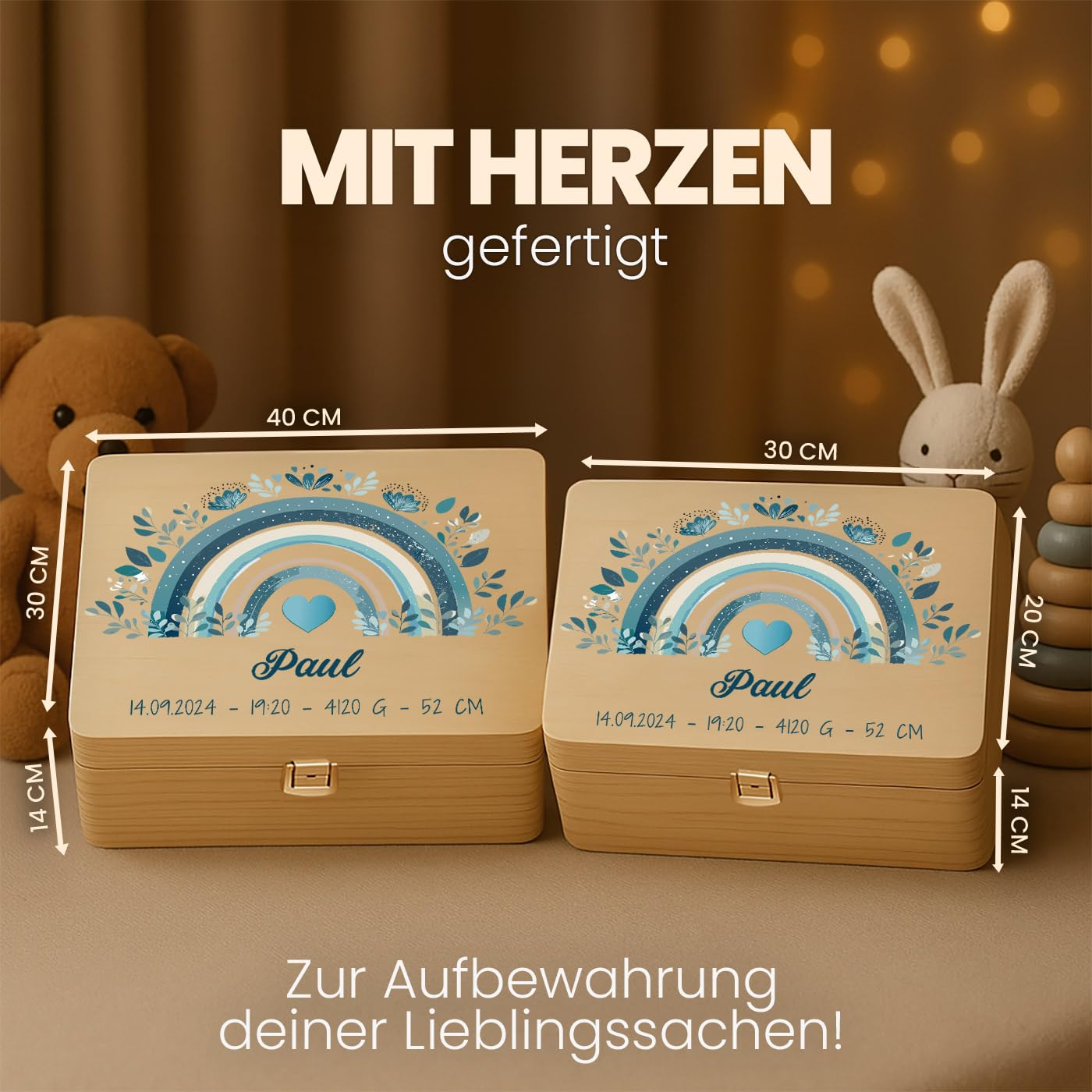 Maverton Erinnerungsbox Baby mit Namen - Aufbewahrungsbox mit Deckel - personalisierte Geschenke Baby - Geschenk für Mädchen und Jungen zur Geburt zur Taufe - aus Kiefernholz