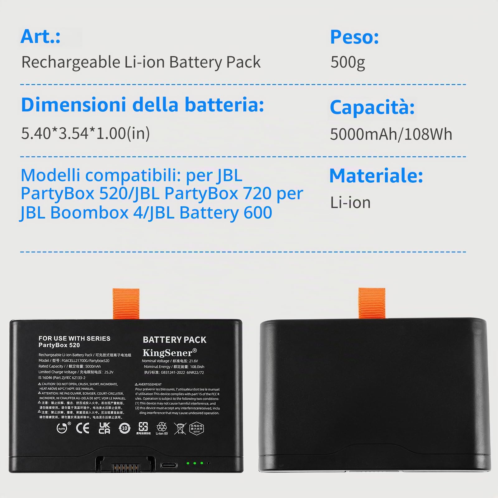 2 batterie di ricambio per JBL Boombox 4, PartyBox 520, PartyBox 720, per batteria: FG6CELL21700G; supporta un'alimentazione bidirezionale (contiene 2 batterie e 2 cavi dati)