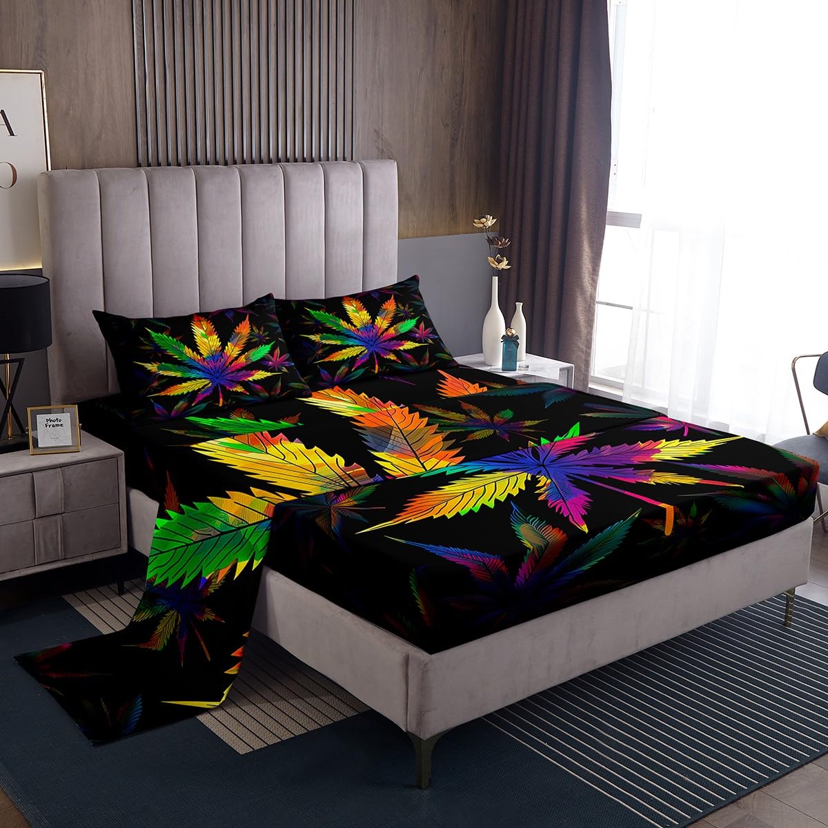 Leaf Children Bed Sheet Set 4 Piece,3D Colors Marijuana Leaves Rainbow Weed Plant,Quality Brushed Microfiber Bedding Set with Flat,Fitted Sheet,2 Pillow Cases,Full