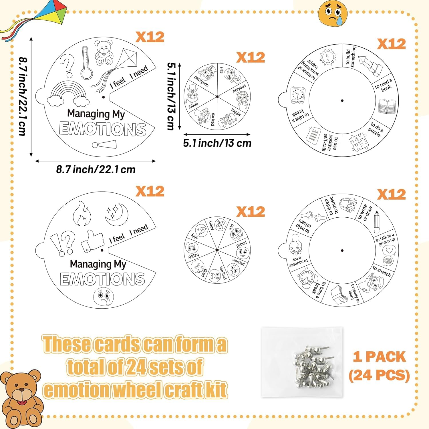 A1DIEE Managing Emotions Coloring Craft- 24 Sets Color Your Own Social Emotional Art Craft DIY Wheel Cards - Image 2