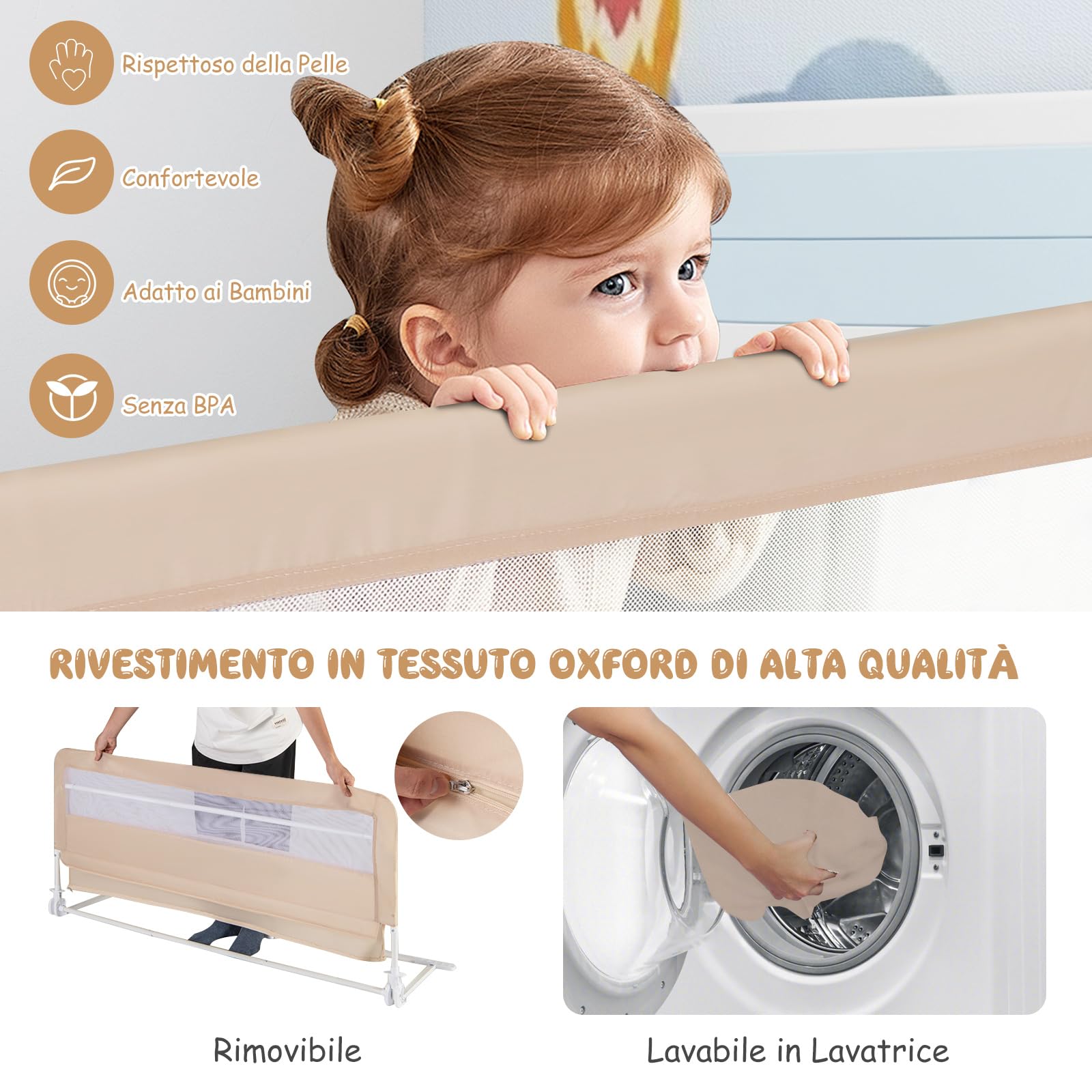 RELAX4LIFE Sponda Letto per Bambini 180 cm/150 cm, Barriera di Sicurezza, Traspirante e Pieghevole, Sbarra Letto per Letti Singoli e Matrimoniali (Beige, 150 x 41 x 55 cm)