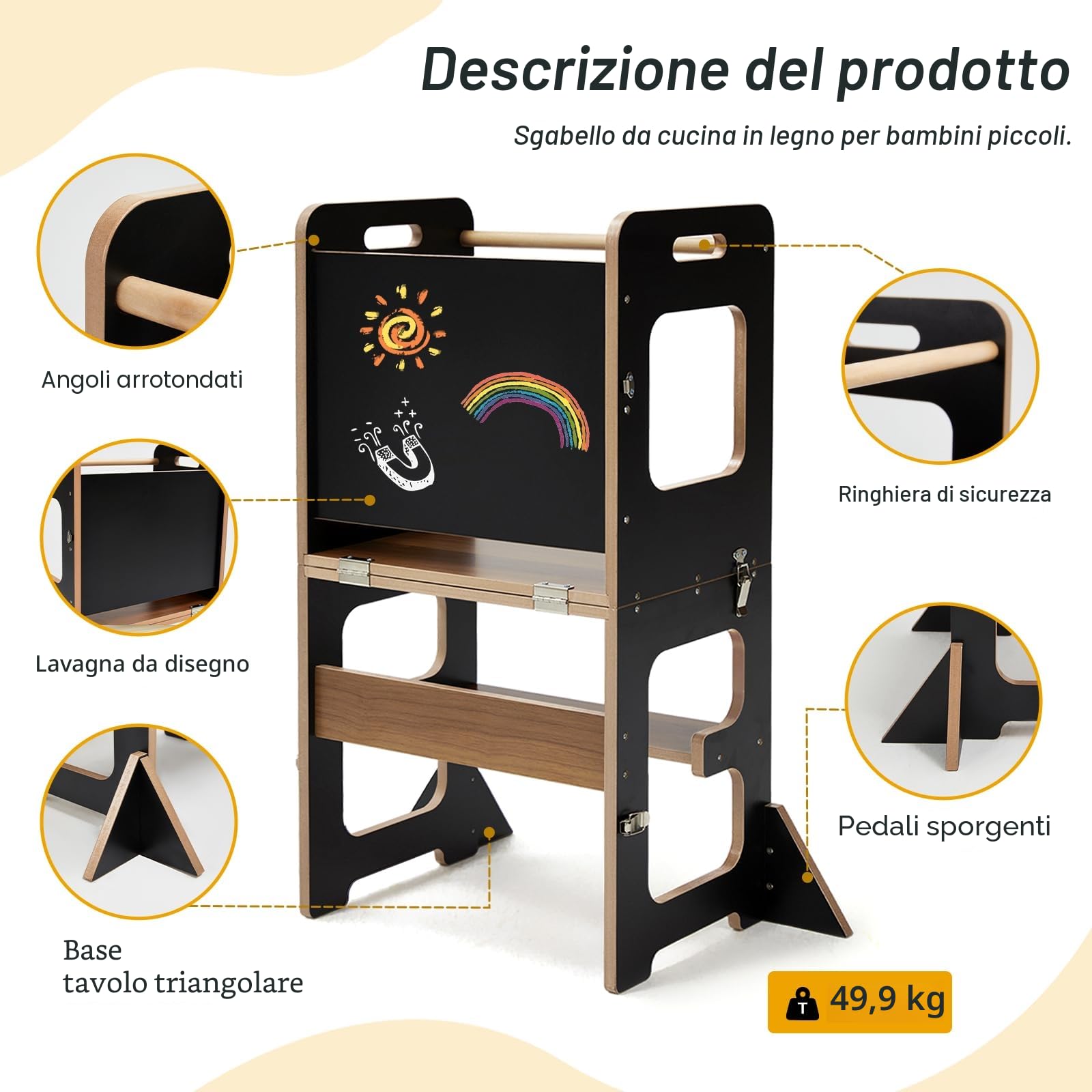 Labebe Torre di Apprendimento per Bambini Montessori 3 in 1 Pieghevole con Lavagna e Protezione Antiribaltamento Nero
