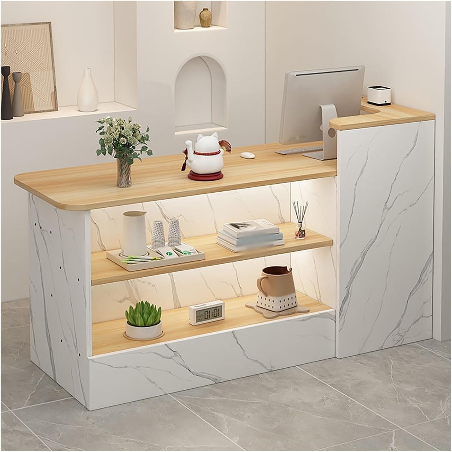 Moderno escritorio con estante de exhibición y cajones, elegante mostrador de recepción para tiendas, salones, oficinas, solución perfecta de servicio al cliente