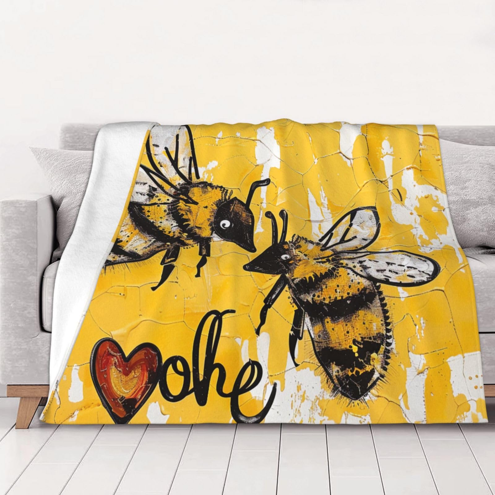 AUBKFELD Bee Love Honey Printed Flannel Blanket 125x100 CM, Soft & Warm Throw Blanket for Sofa/Couch/Bed/Car, Gifts for Audlts Women Men