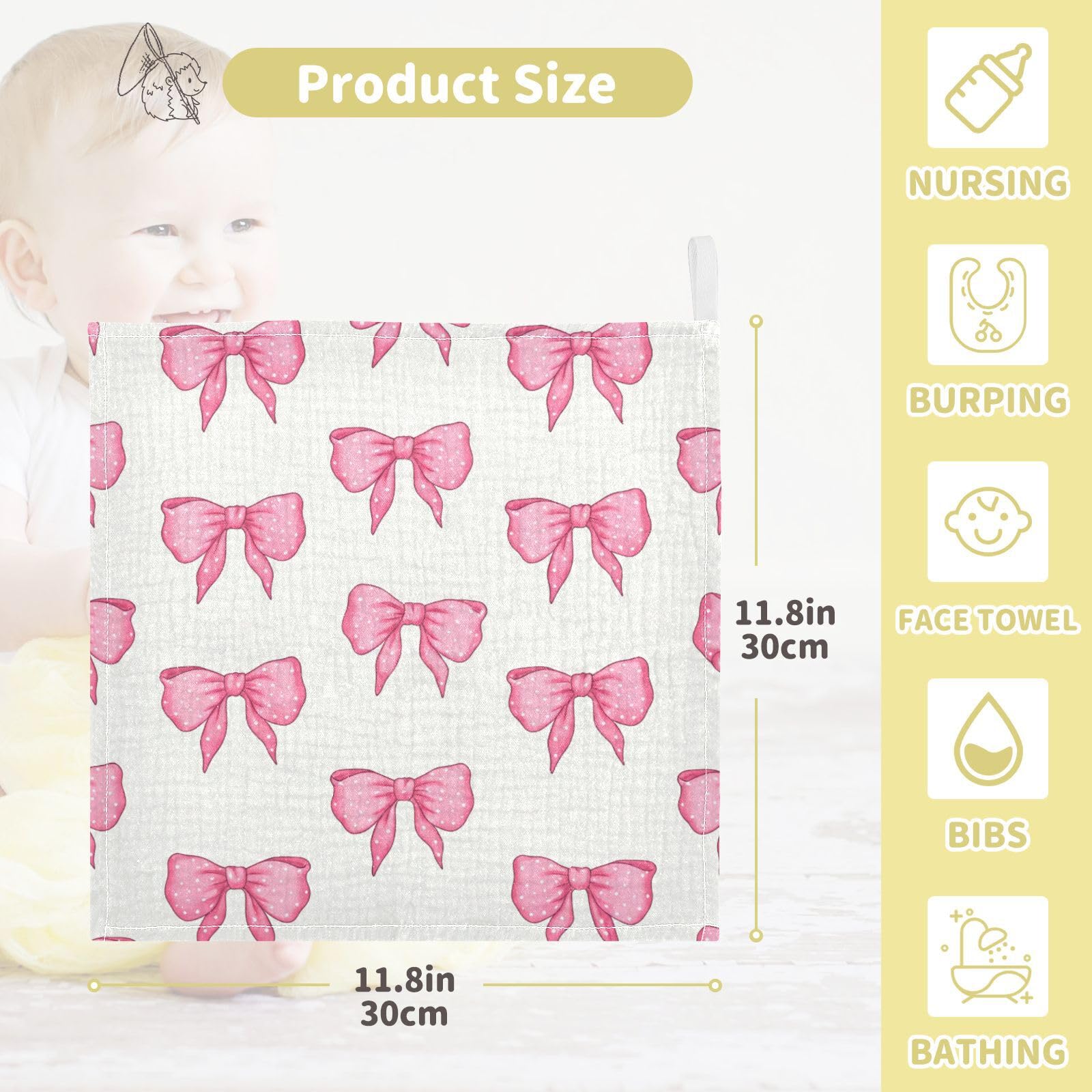 Kigai Cute Pink Bows Baby Washcloths,3pcs Ultra Soft Absorbent Towel,Newborn Bath Face Towel, Natural Reusable Baby Wipes for Sensitive Skin, Baby Registry as Shower