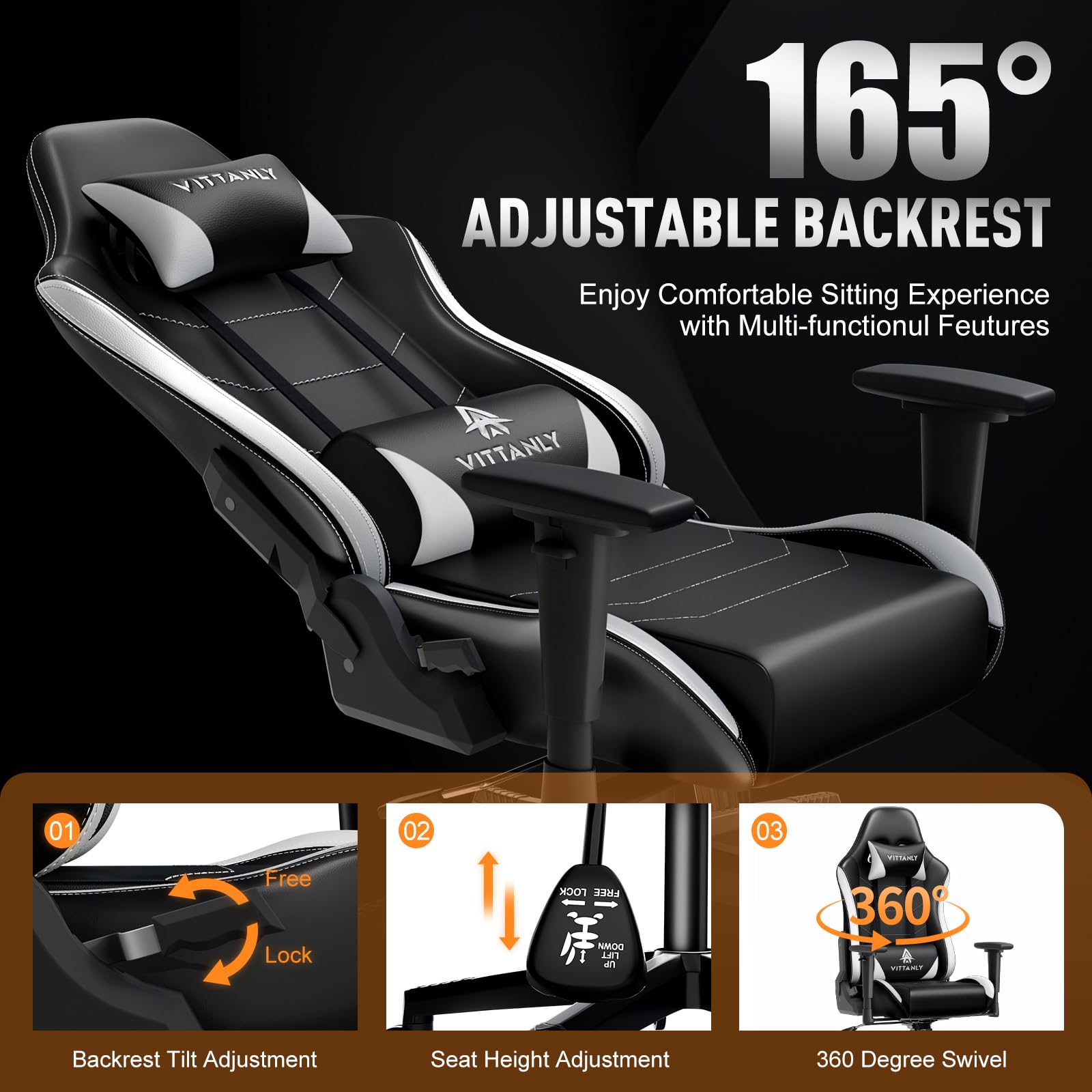 Vittanly Gaming Stuhl, 90-165° Rückenlehne, Tragkraft 150 kg, Weiß | Kopfstütze und Lendenkissen, Gaming Chair, Gamer Stuhl, Gaming Sessel, Bürostuh, Schreibtischstuhl