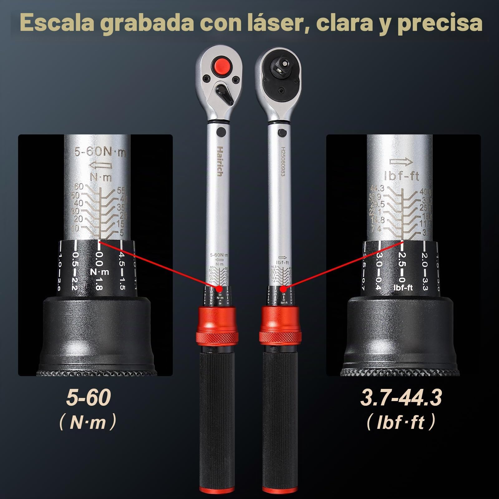 Hairich Llave dinamométrica de 3/8 pulgadas 5-60 Nm para bicicleta, motocicleta y coche – 72 dientes cabeza de carraca, juego de 3 piezas con extensión de 125 mm y adaptador de 3/8 "-1/4", perfecto
