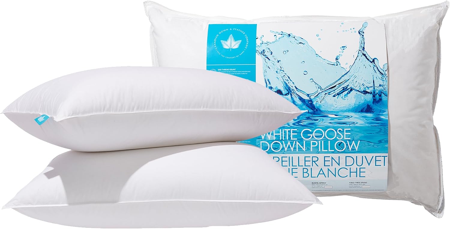 Canadian Down & Feather Co. - 2 Pack Medium Support White Goose Down Pillow Standard Size - 260 TC Shell 100% Cotton - Filled in Canada