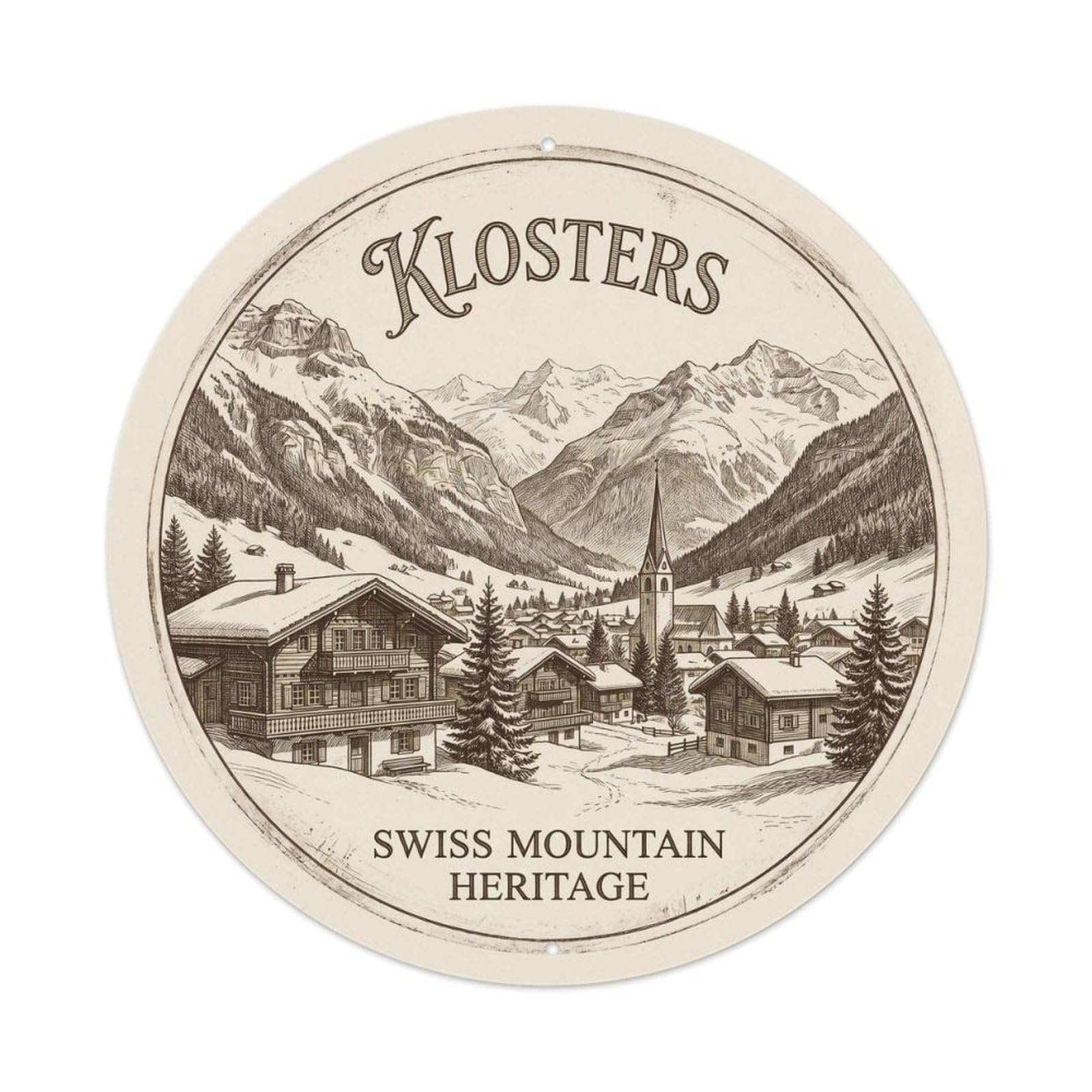 Klosters Swiss Mountain Heritage Vintage Chalet Alpine Resort Metal Tin Sign Plaque Wall Decor for Cafe, Man Cave, Club Bar, Office, Home Garden Round Metal Poster 8x8Inch