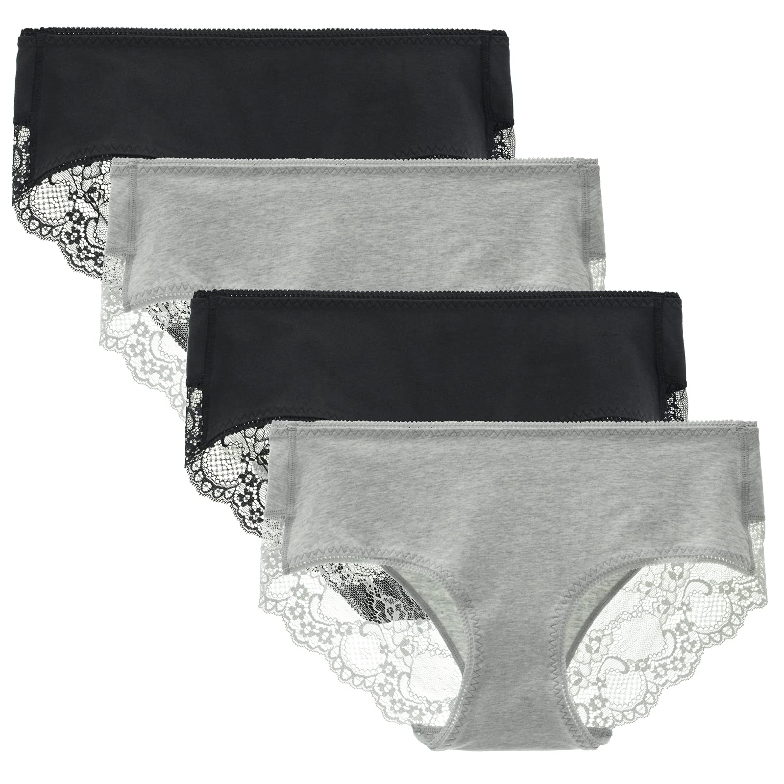 Women's 4 Pack Cotton Mid Rise Full Coverage Lace Hipster Brief Panty Underwear X-Large Heather Grey/Black
