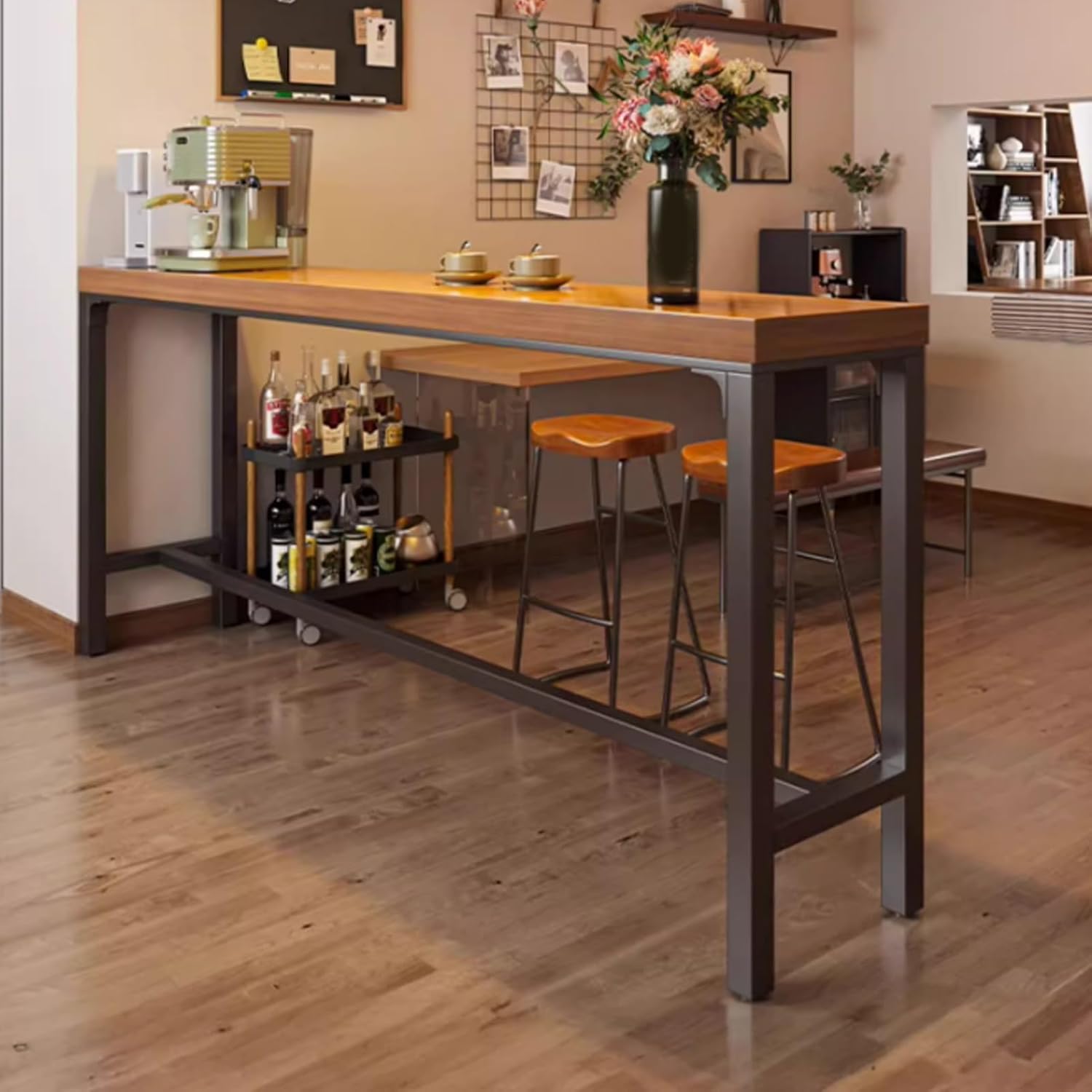 Solid Wood Live Edge Narrow Bar Table with Metal Legs, Modern Bar Height Counter Table for Small Space, Kitchen, Cafe (No Stool)(120 * 40 * 75cm/47 * 15.7 * 29.5in)